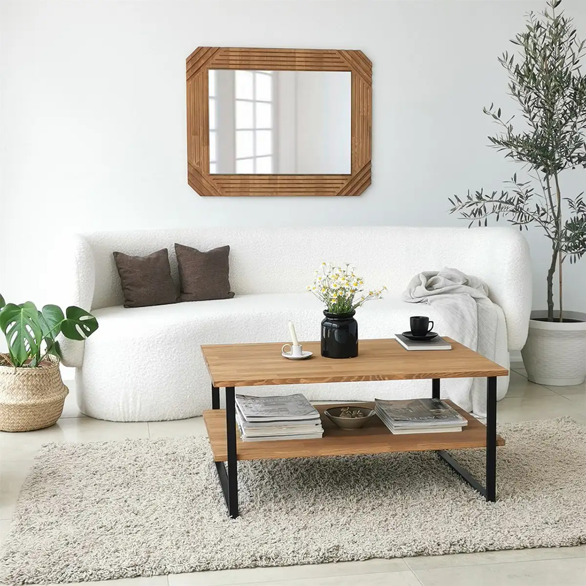 Mena - Rustic Wood Coffee Table, Solid Wood and Black Metal Frame, Farmhouse Coffee Table