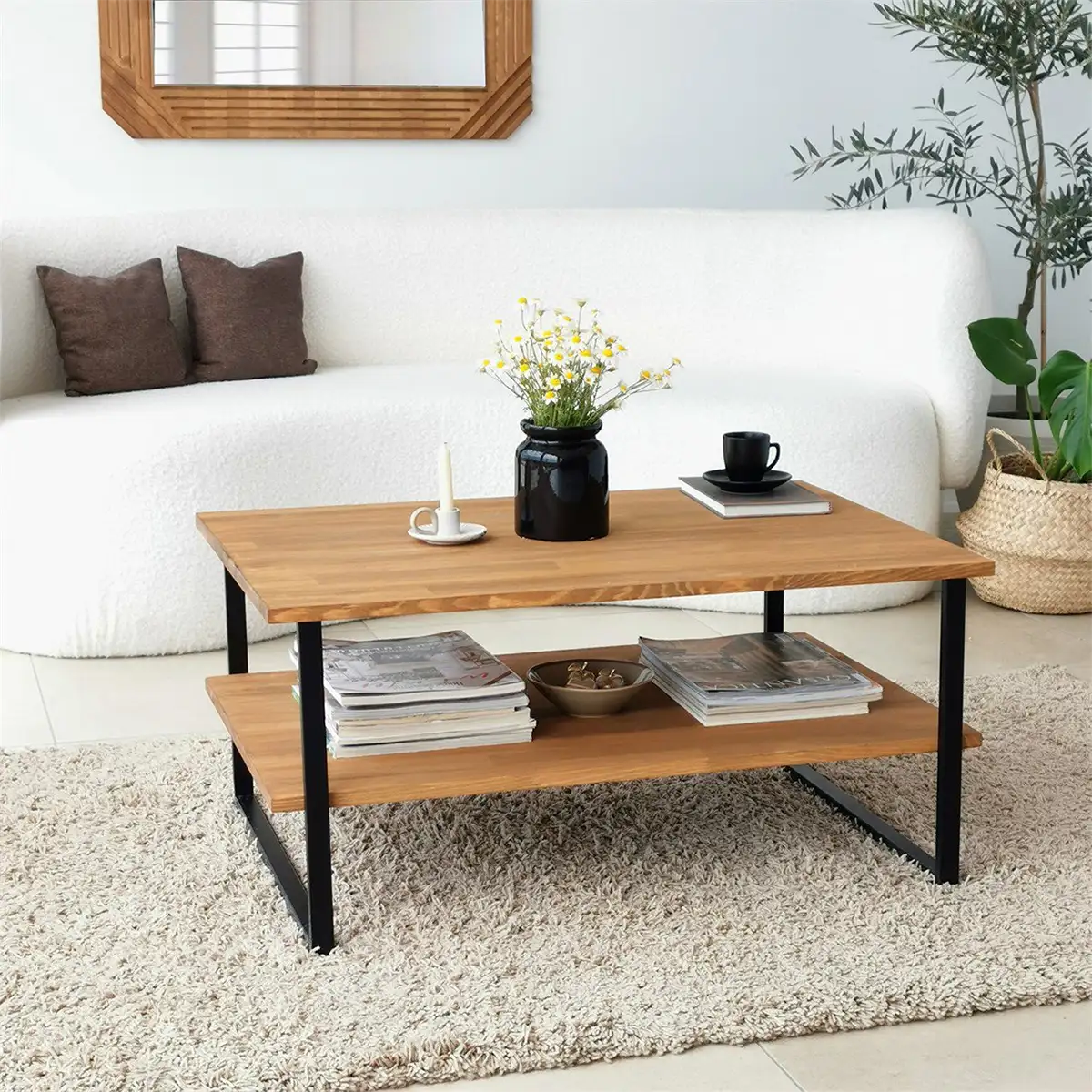 Mena - Rustic Wood Coffee Table, Solid Wood and Black Metal Frame, Farmhouse Coffee Table