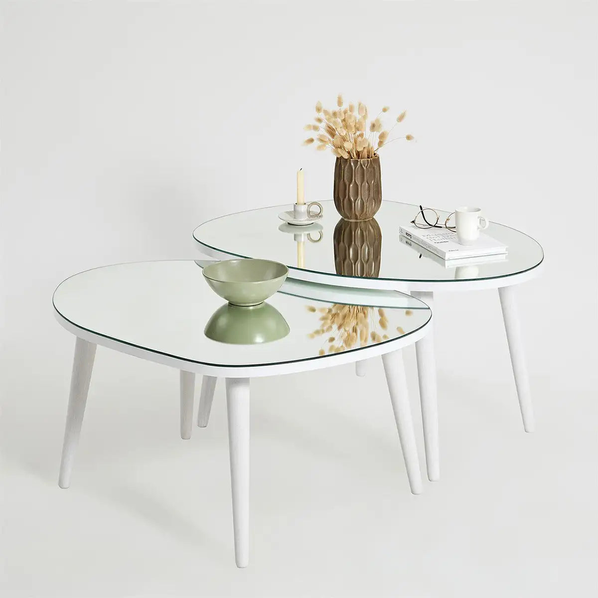 Picco - 2 Modern Coffee Table with Transparent Mirror and Solid Wood Legs, End Table, Accent Table