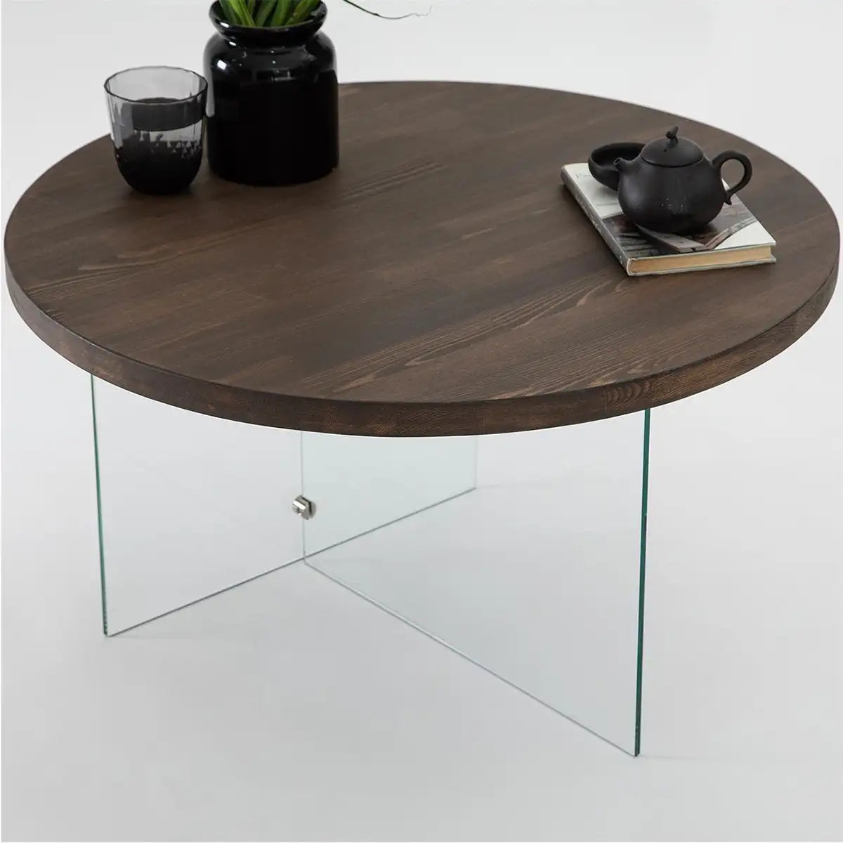 Sally - Walnut Solid Wood Coffee Table with Tempered Clear Glass Legs or Tempered Smoked Glass Legs, Round Coffee Table