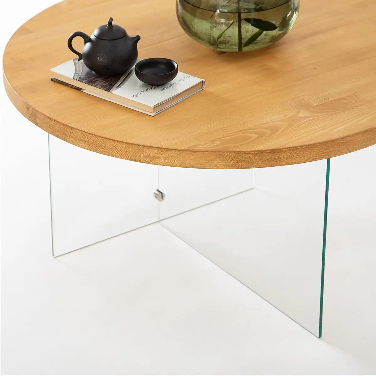 Sally - Natural Solid Wood Coffee Table with Tempered Clear Glass Legs and Tempered Smoked Glass Legs, Accent Table, Round Coffee Table