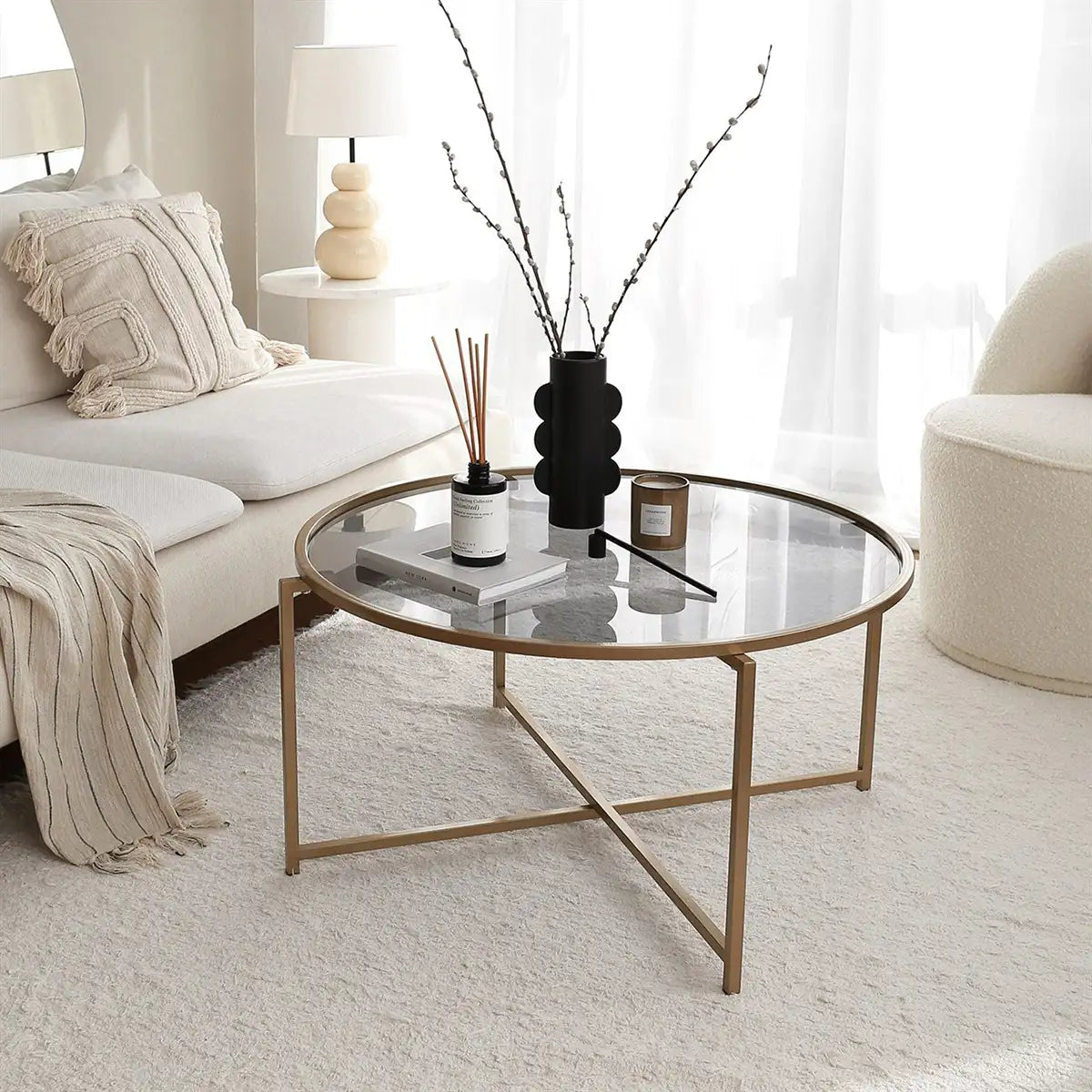 Octopus - Modern Tempered Glass Coffee Table with Gold Metal Legs, Gold Metal Coffee Table, Gold Metal Accent Table, Round Coffee Table