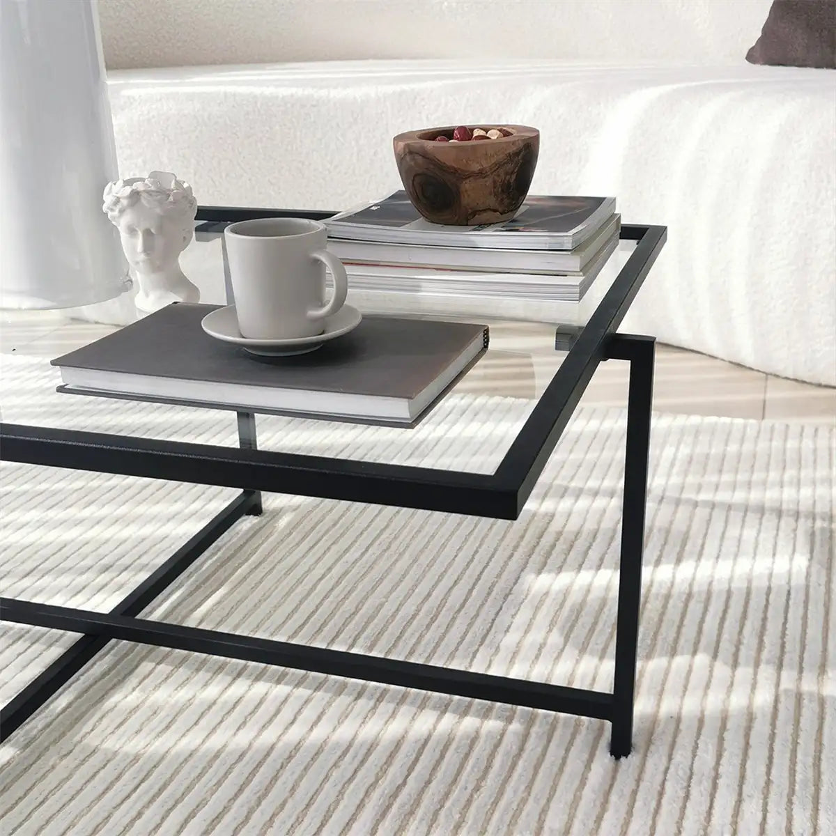 Moon - Industrial Coffee Table, Minimalist Metal Coffee Table, Rectangular Coffee Table, Tempered Glass Coffee Table