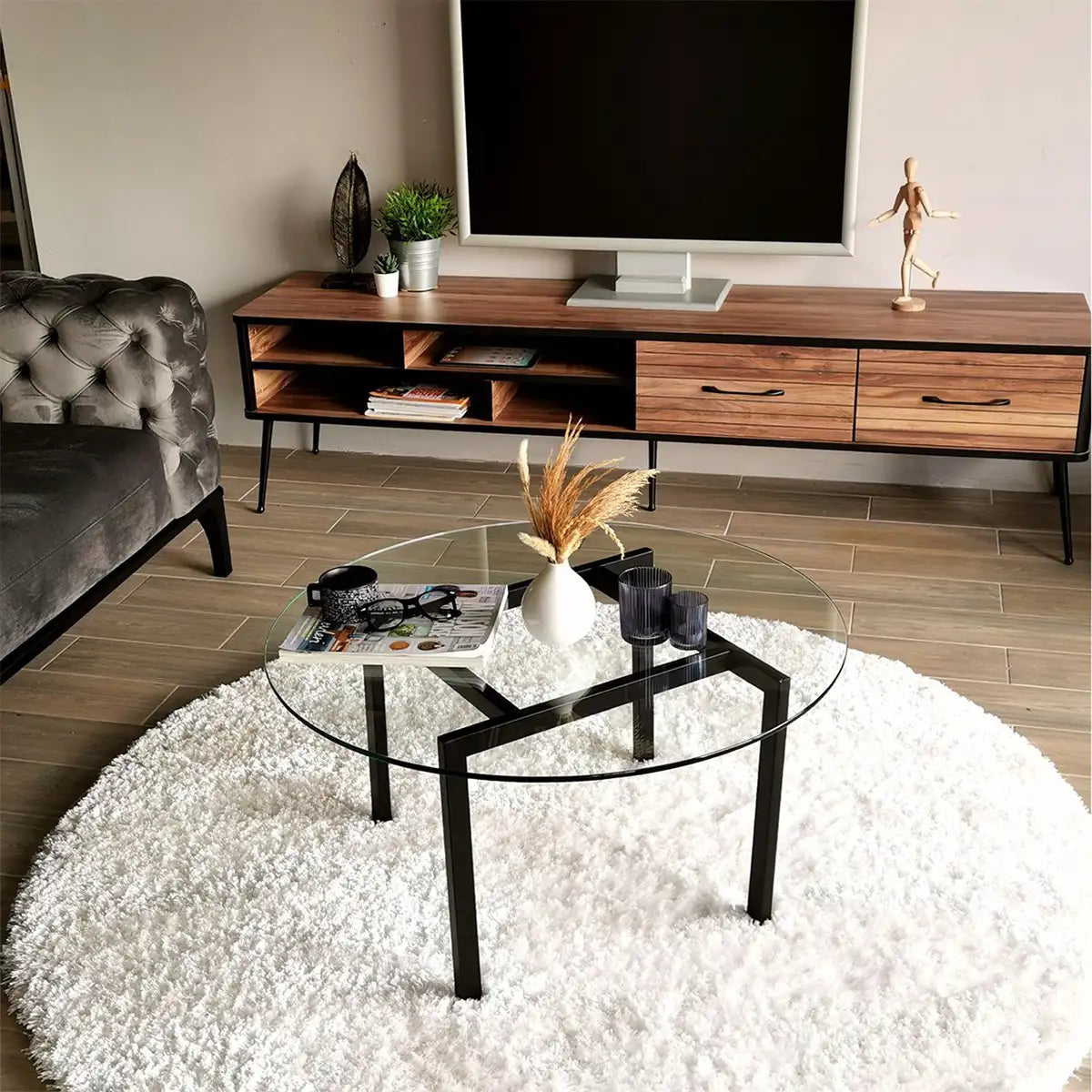 Spider - Modern Tempered Glass Top Coffee Table with Metal Legs, Black Metal Accent Table, Metal Coffee Table