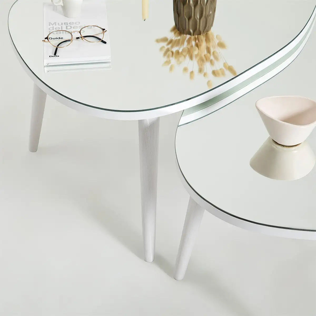 Picco - 2 Modern Coffee Table with Transparent Mirror and Solid Wood Legs, End Table, Accent Table