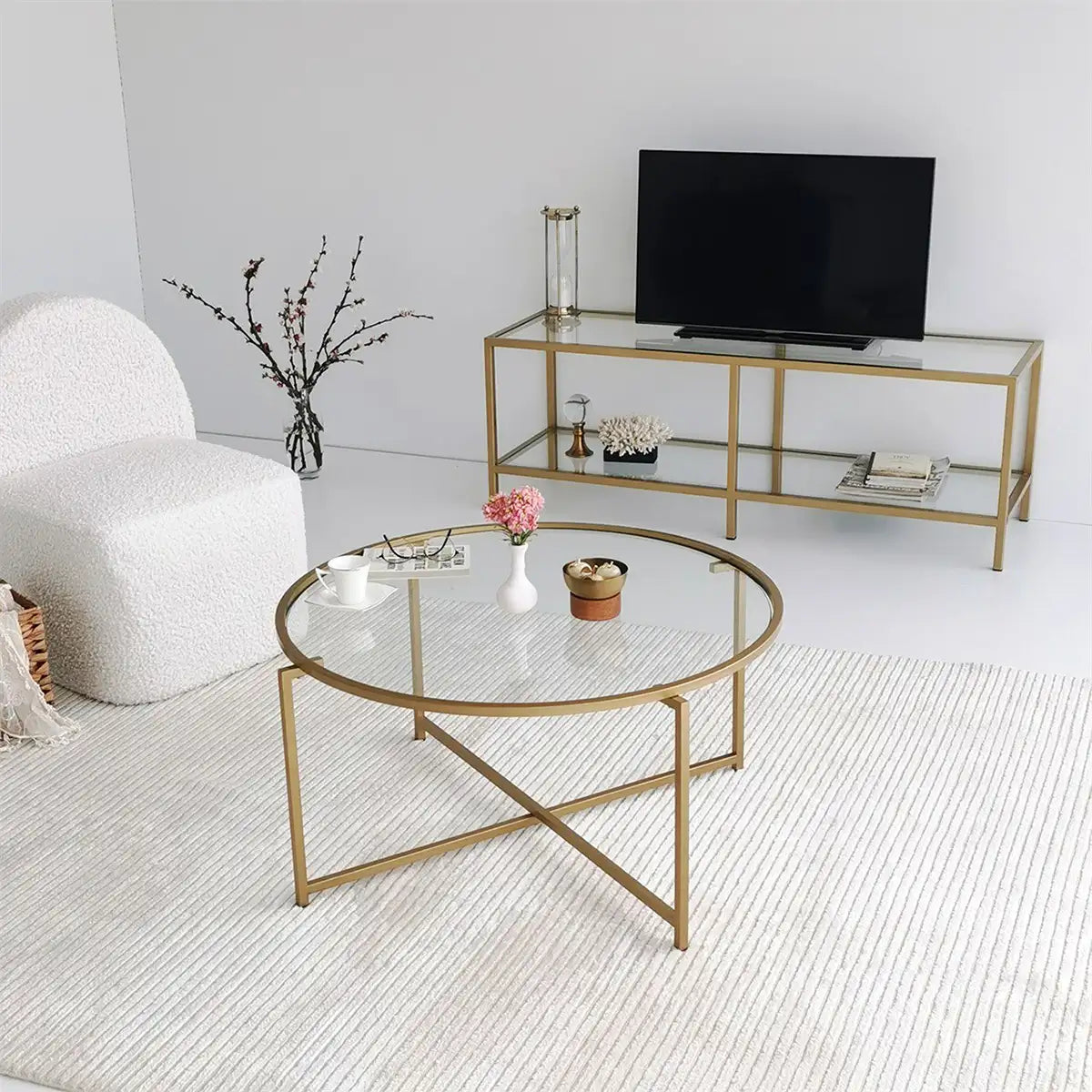 Octopus - Modern Tempered Glass Coffee Table with Gold Metal Legs, Gold Metal Coffee Table, Gold Metal Accent Table, Round Coffee Table