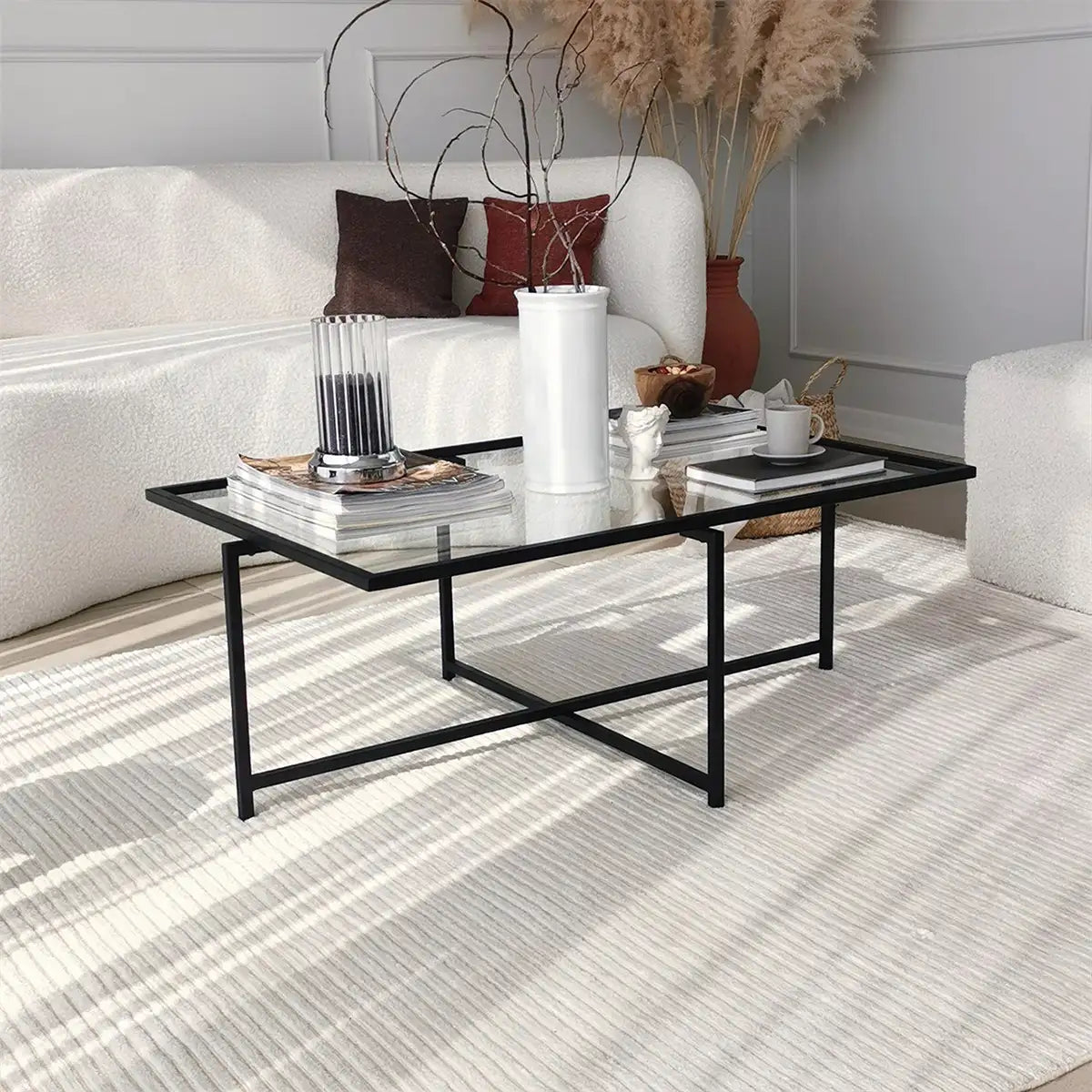 Moon - Industrial Coffee Table, Minimalist Metal Coffee Table, Rectangular Coffee Table, Tempered Glass Coffee Table