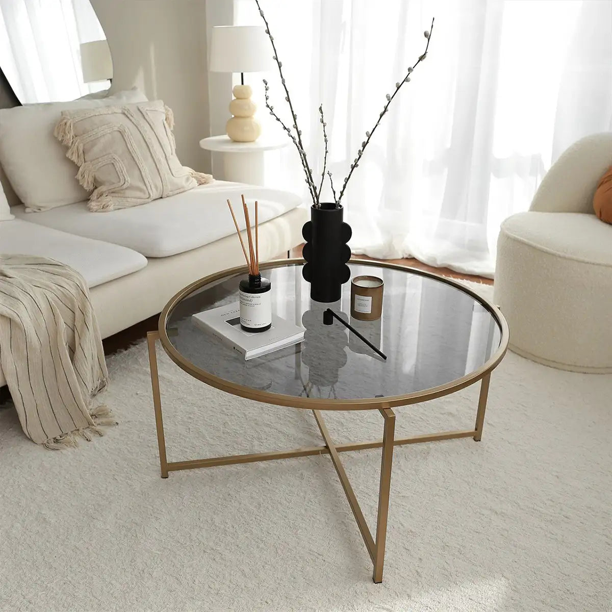 Octopus - Modern Tempered Glass Coffee Table with Gold Metal Legs, Gold Metal Coffee Table, Gold Metal Accent Table, Round Coffee Table