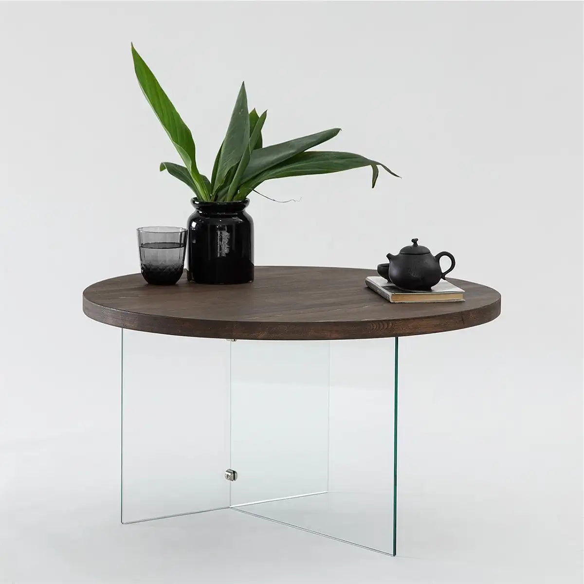 Sally - Walnut Solid Wood Coffee Table with Tempered Clear Glass Legs or Tempered Smoked Glass Legs, Round Coffee Table