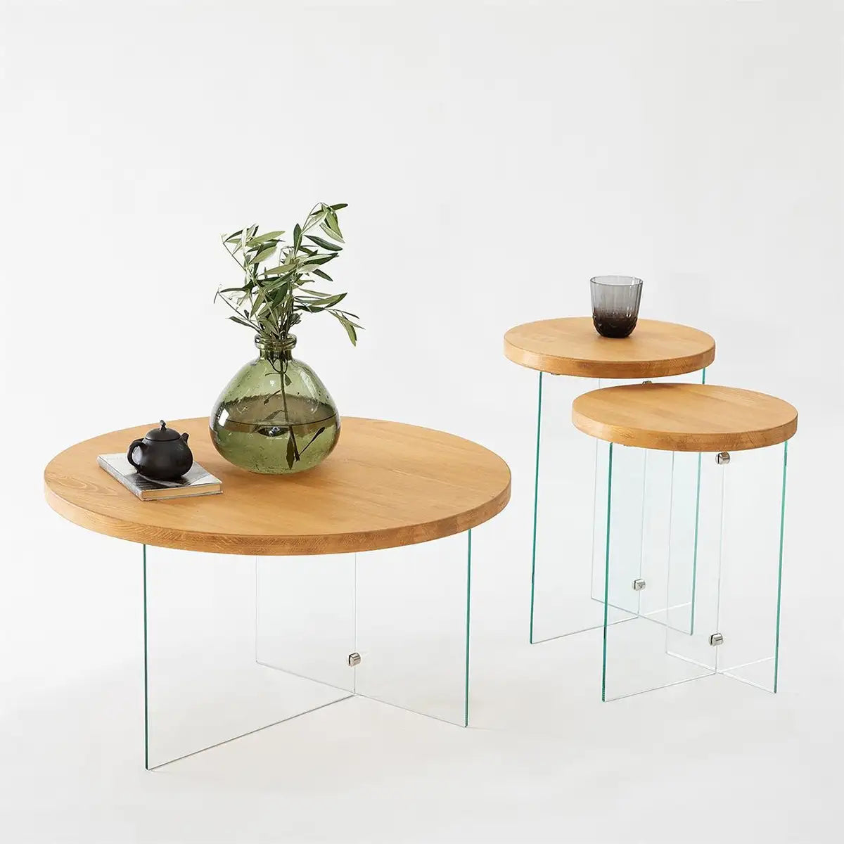 Sally - Natural Solid Wood Coffee Table with Tempered Clear Glass Legs and Tempered Smoked Glass Legs, Accent Table, Round Coffee Table