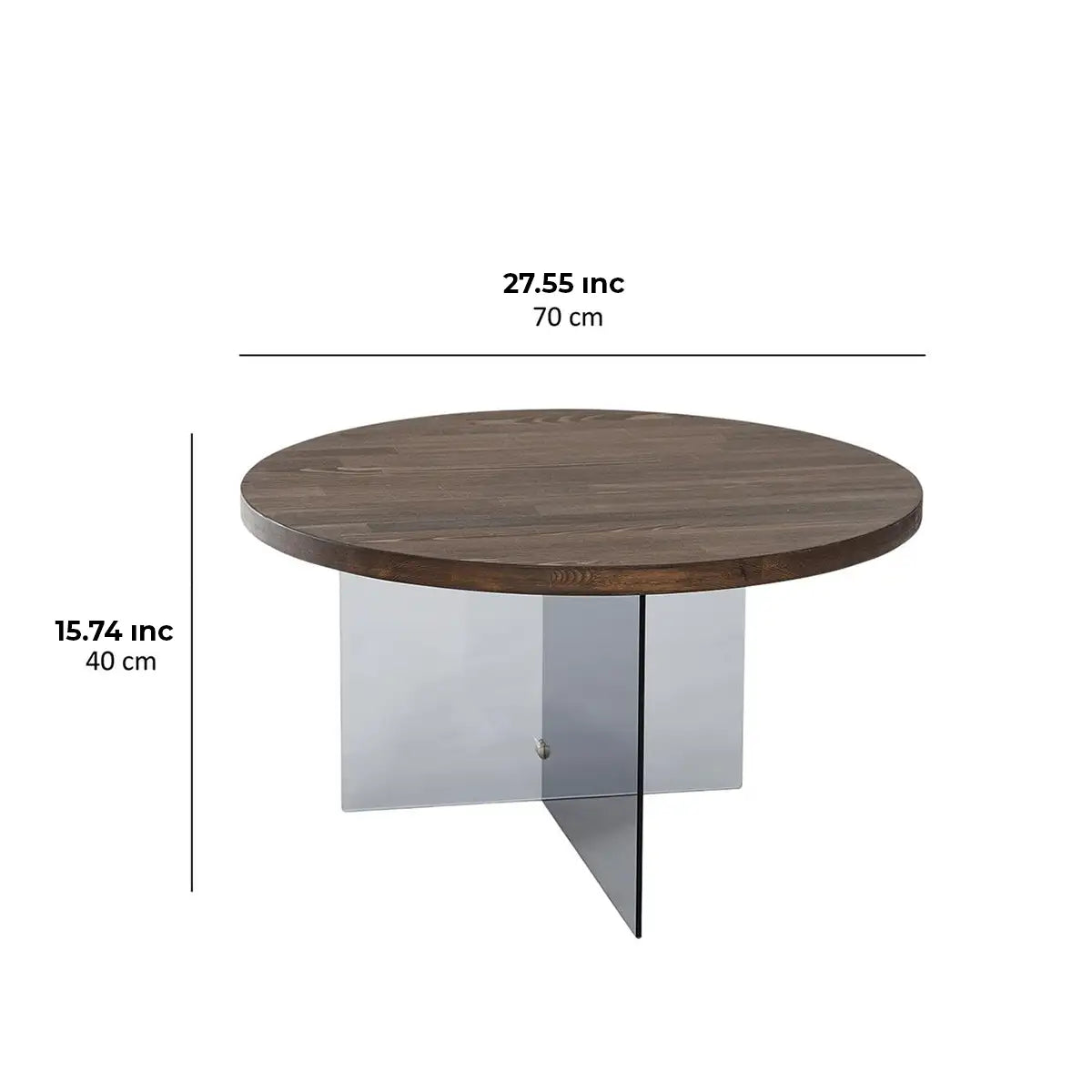 Sally - Walnut Solid Wood Coffee Table with Tempered Clear Glass Legs or Tempered Smoked Glass Legs, Round Coffee Table