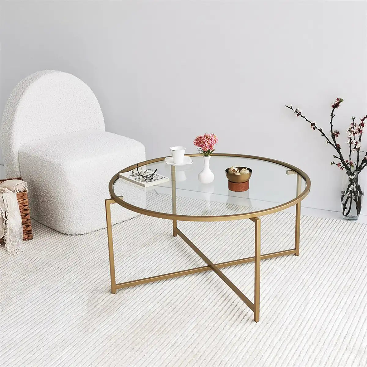 Octopus - Modern Tempered Glass Coffee Table with Gold Metal Legs, Gold Metal Coffee Table, Gold Metal Accent Table, Round Coffee Table