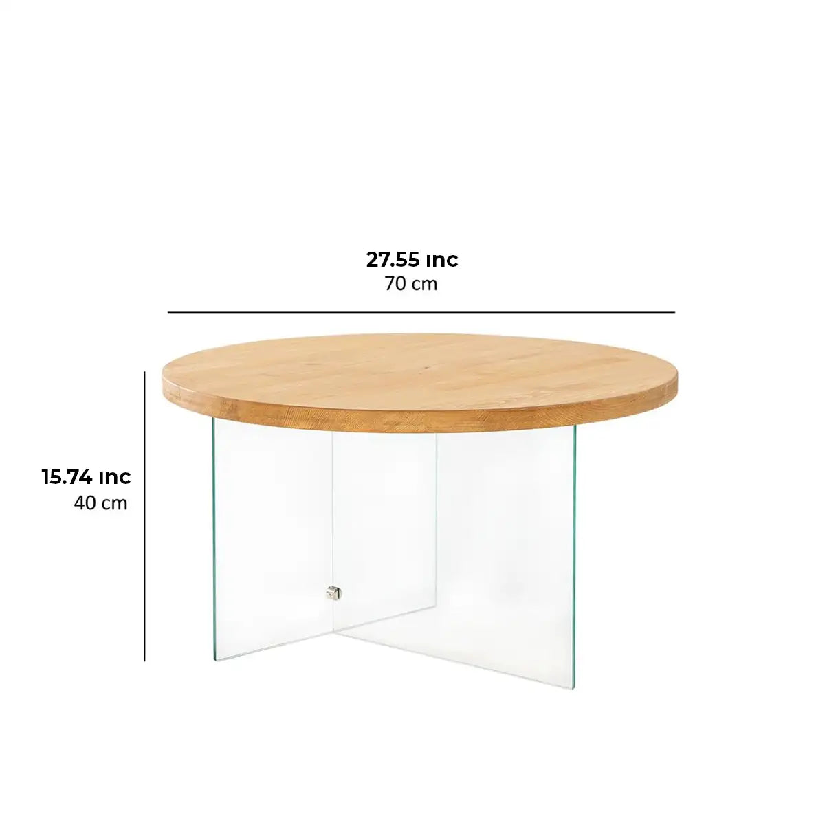 Sally - Natural Solid Wood Coffee Table with Tempered Clear Glass Legs and Tempered Smoked Glass Legs, Accent Table, Round Coffee Table