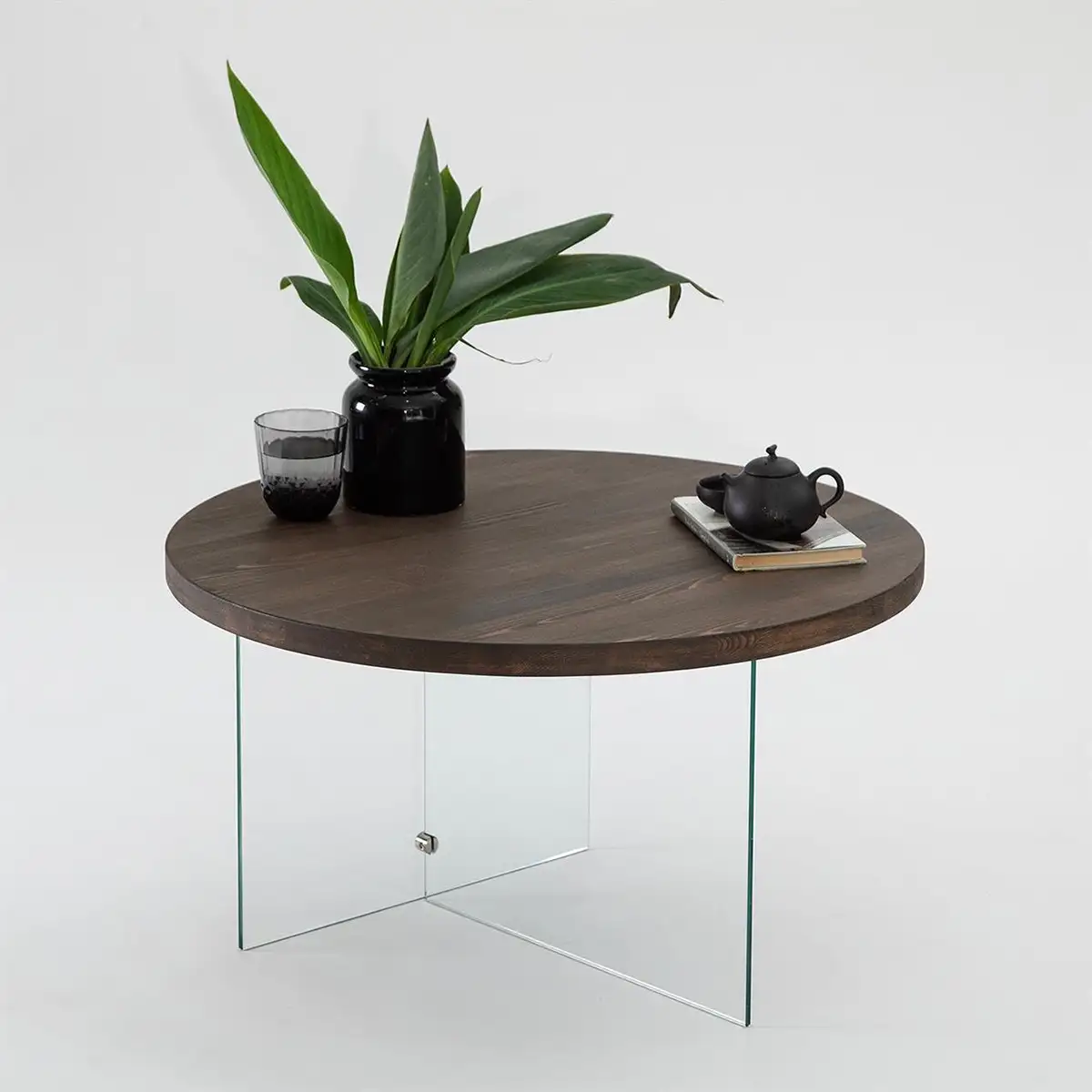 Sally - Walnut Solid Wood Coffee Table with Tempered Clear Glass Legs or Tempered Smoked Glass Legs, Round Coffee Table