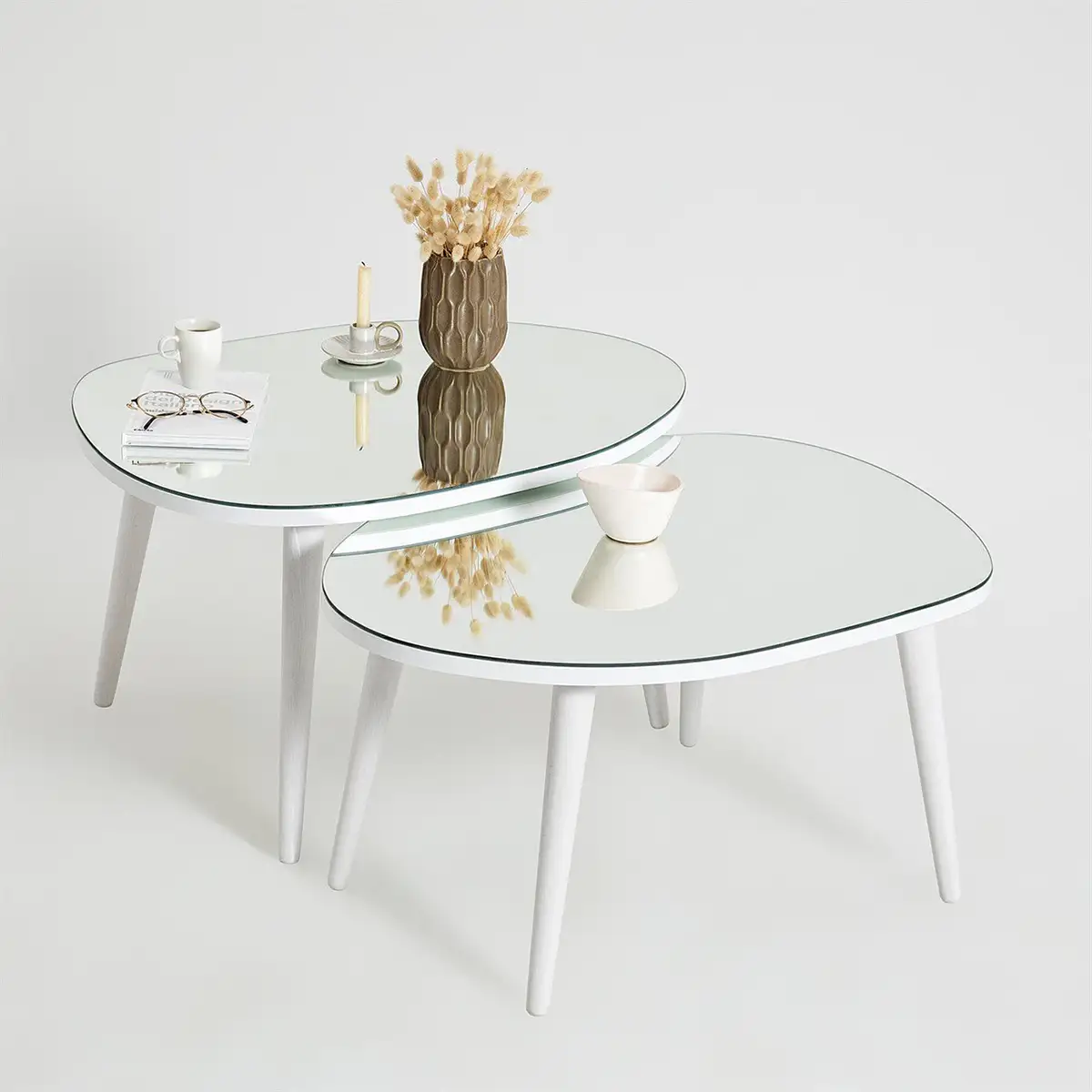 Picco - 2 Modern Coffee Table with Transparent Mirror and Solid Wood Legs, End Table, Accent Table