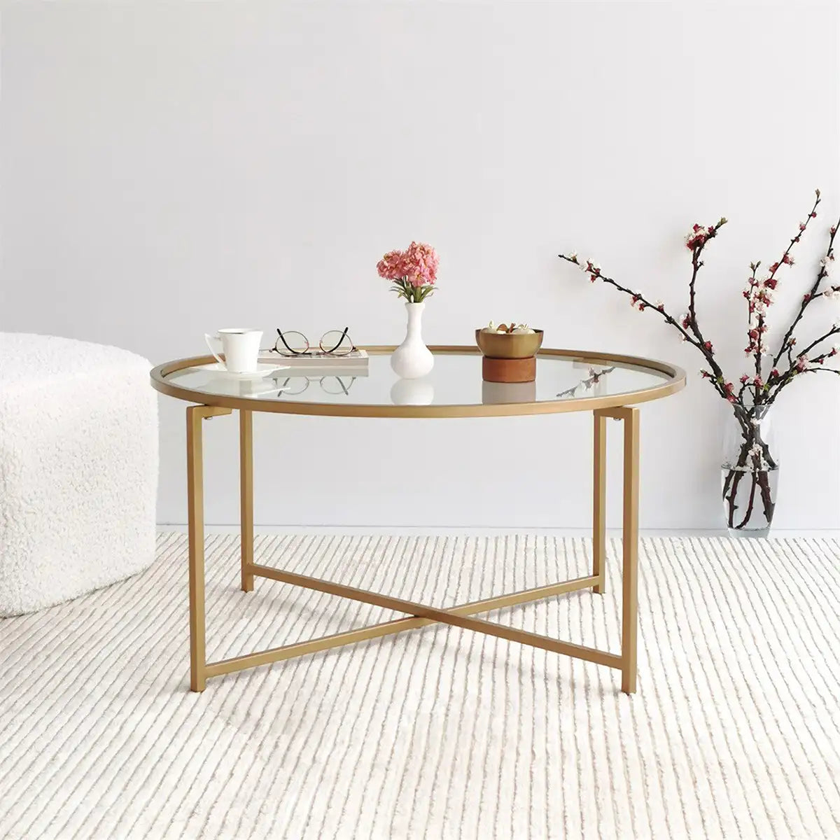 Octopus - Modern Tempered Glass Coffee Table with Gold Metal Legs, Gold Metal Coffee Table, Gold Metal Accent Table, Round Coffee Table