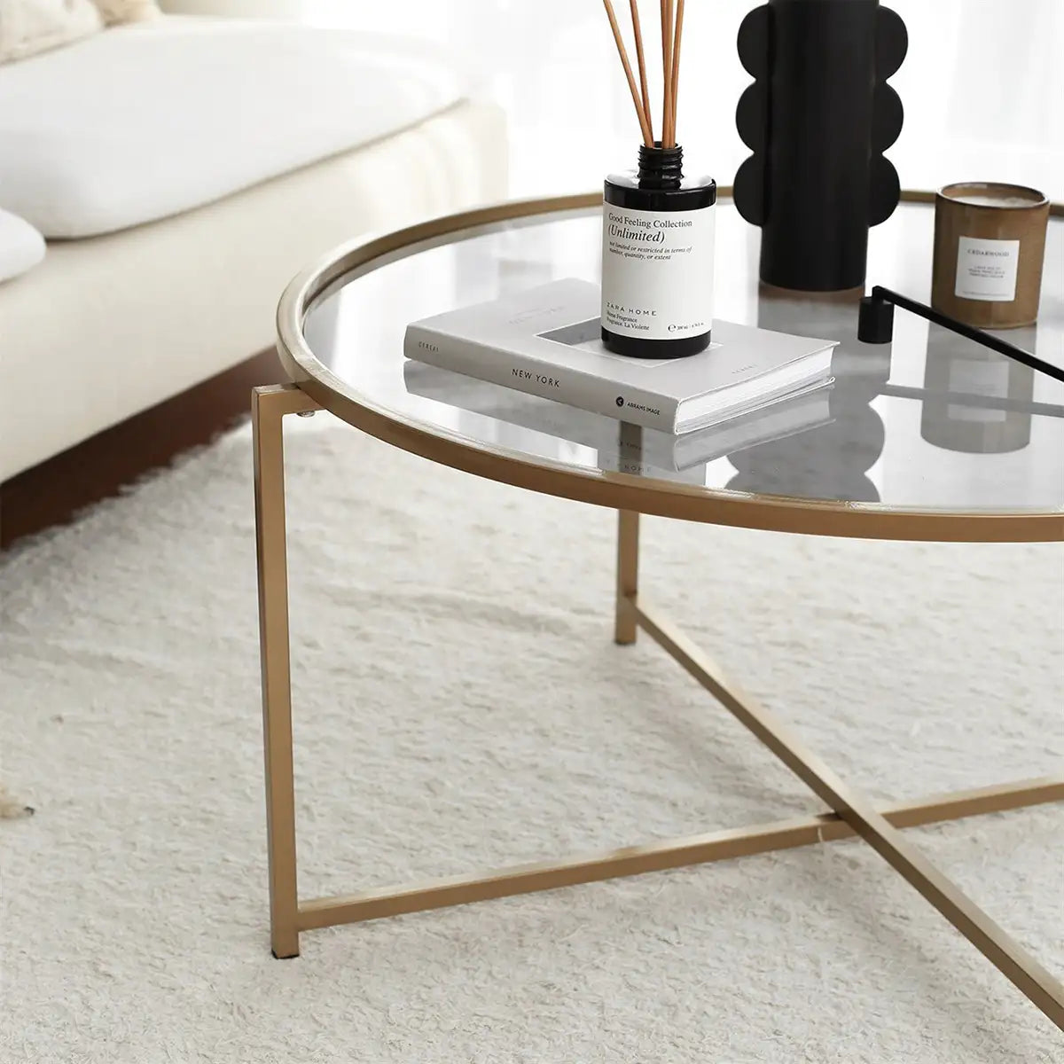 Octopus - Modern Tempered Glass Coffee Table with Gold Metal Legs, Gold Metal Coffee Table, Gold Metal Accent Table, Round Coffee Table