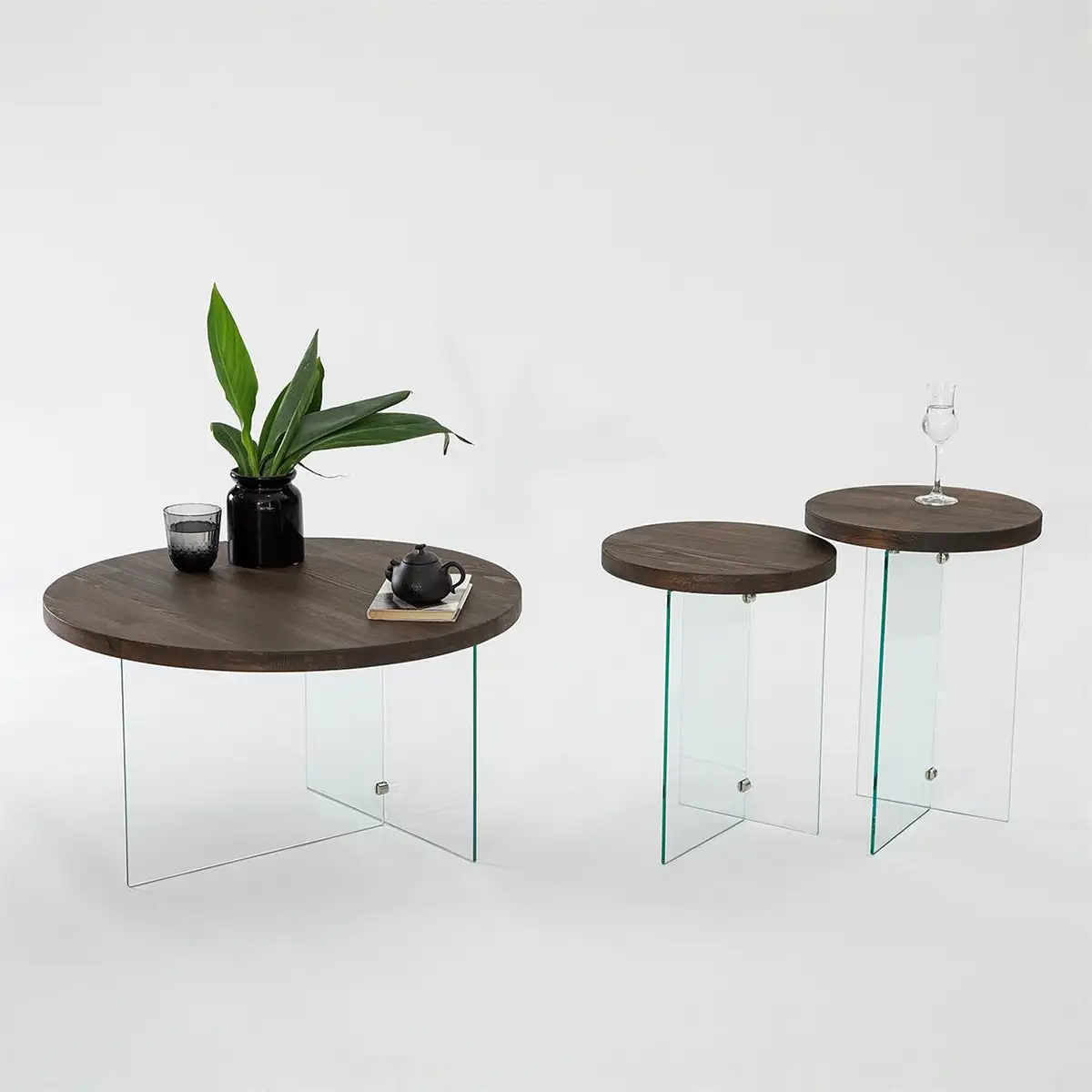 Sally - Walnut Solid Wood Coffee Table with Tempered Clear Glass Legs or Tempered Smoked Glass Legs, Round Coffee Table