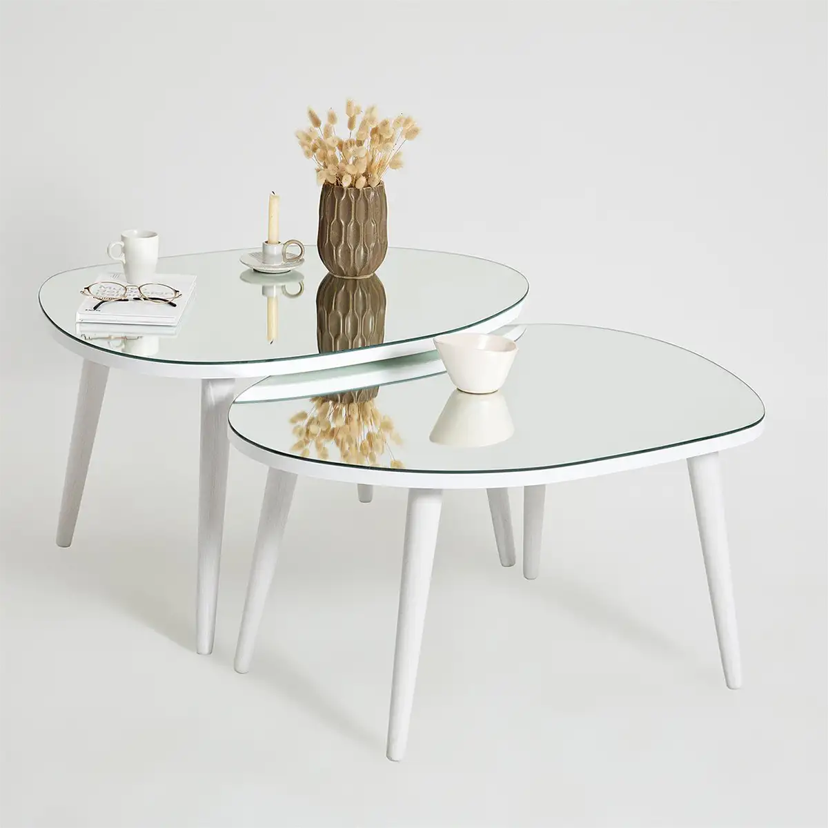 Picco - 2 Modern Coffee Table with Transparent Mirror and Solid Wood Legs, End Table, Accent Table