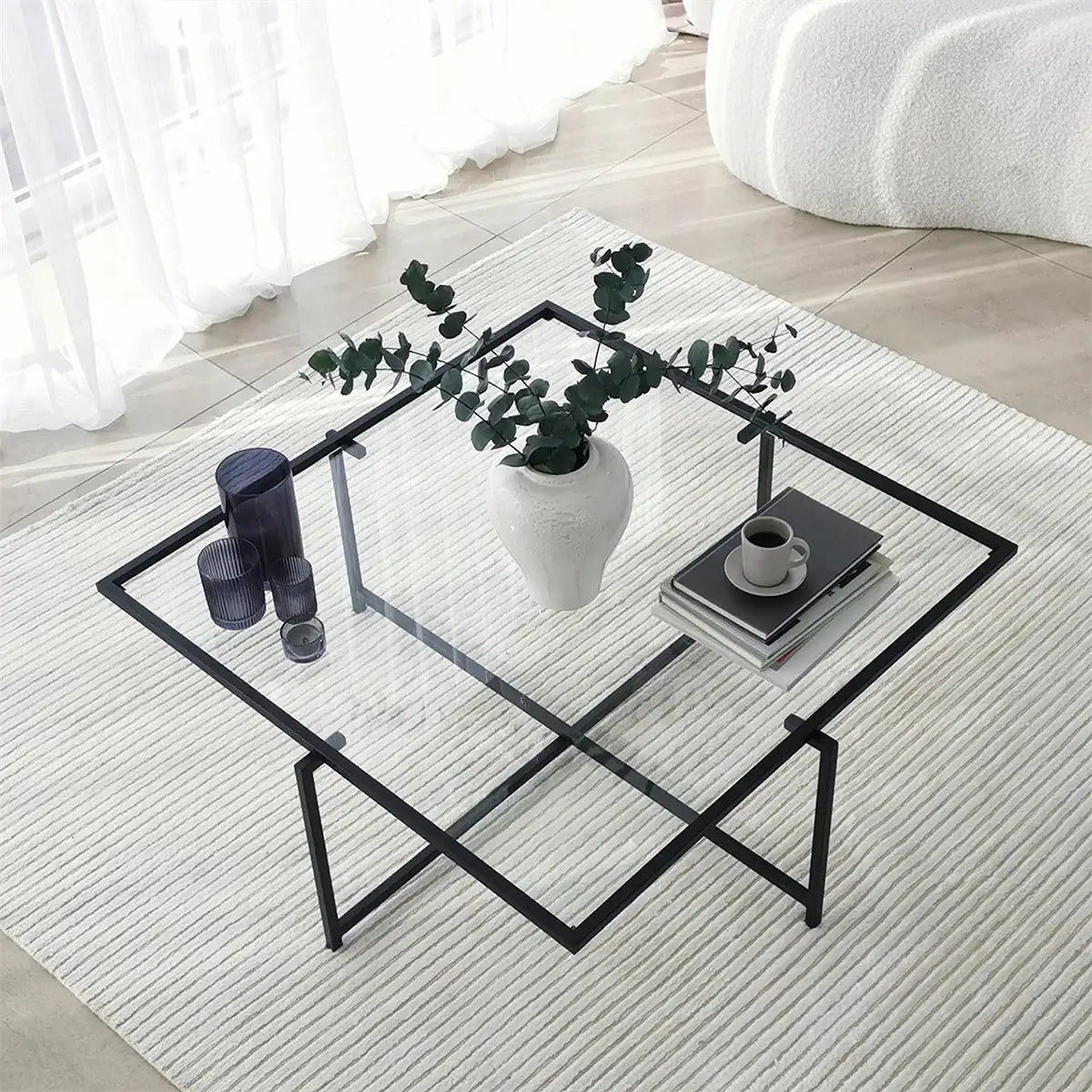 Moon - Contemporary Living Room Table, Square Coffee Table, Metal Coffee Table, Tempered Glass Accent Table