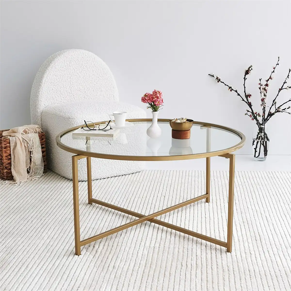 Octopus - Modern Tempered Glass Coffee Table with Gold Metal Legs, Gold Metal Coffee Table, Gold Metal Accent Table, Round Coffee Table