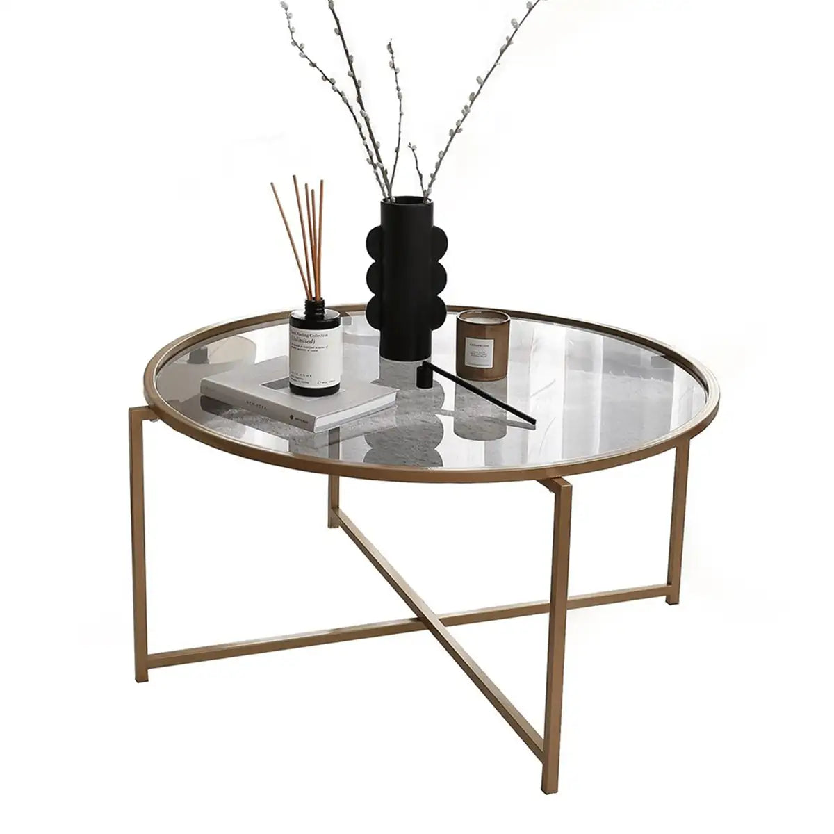 Octopus - Modern Tempered Glass Coffee Table with Gold Metal Legs, Gold Metal Coffee Table, Gold Metal Accent Table, Round Coffee Table