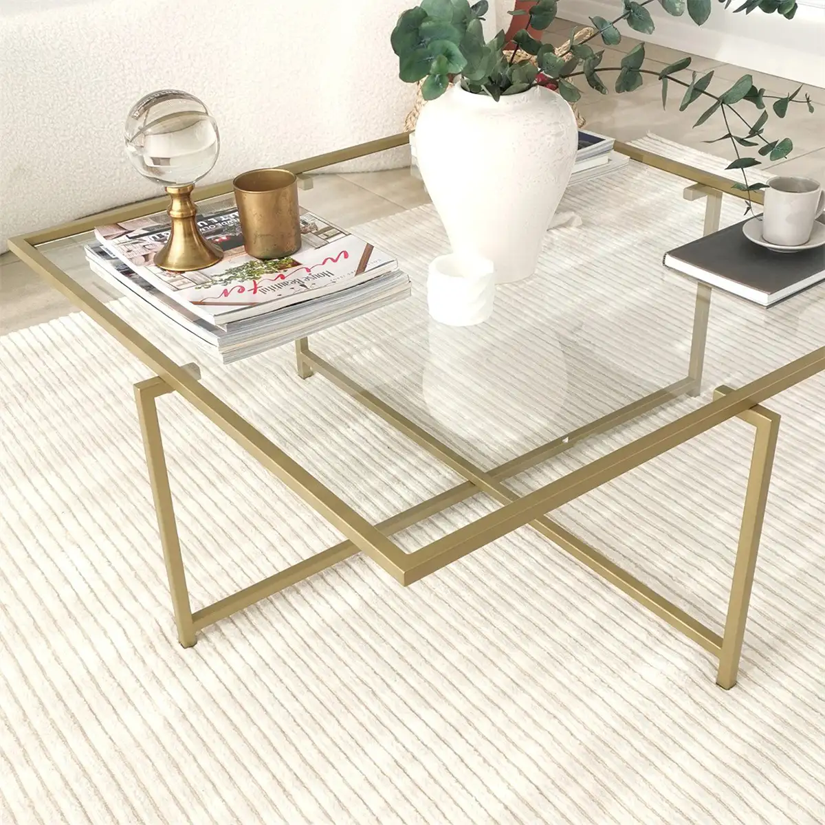 Moon - Contemporary Living Room Table, Square Coffee Table, Metal Coffee Table, Tempered Glass Accent Table