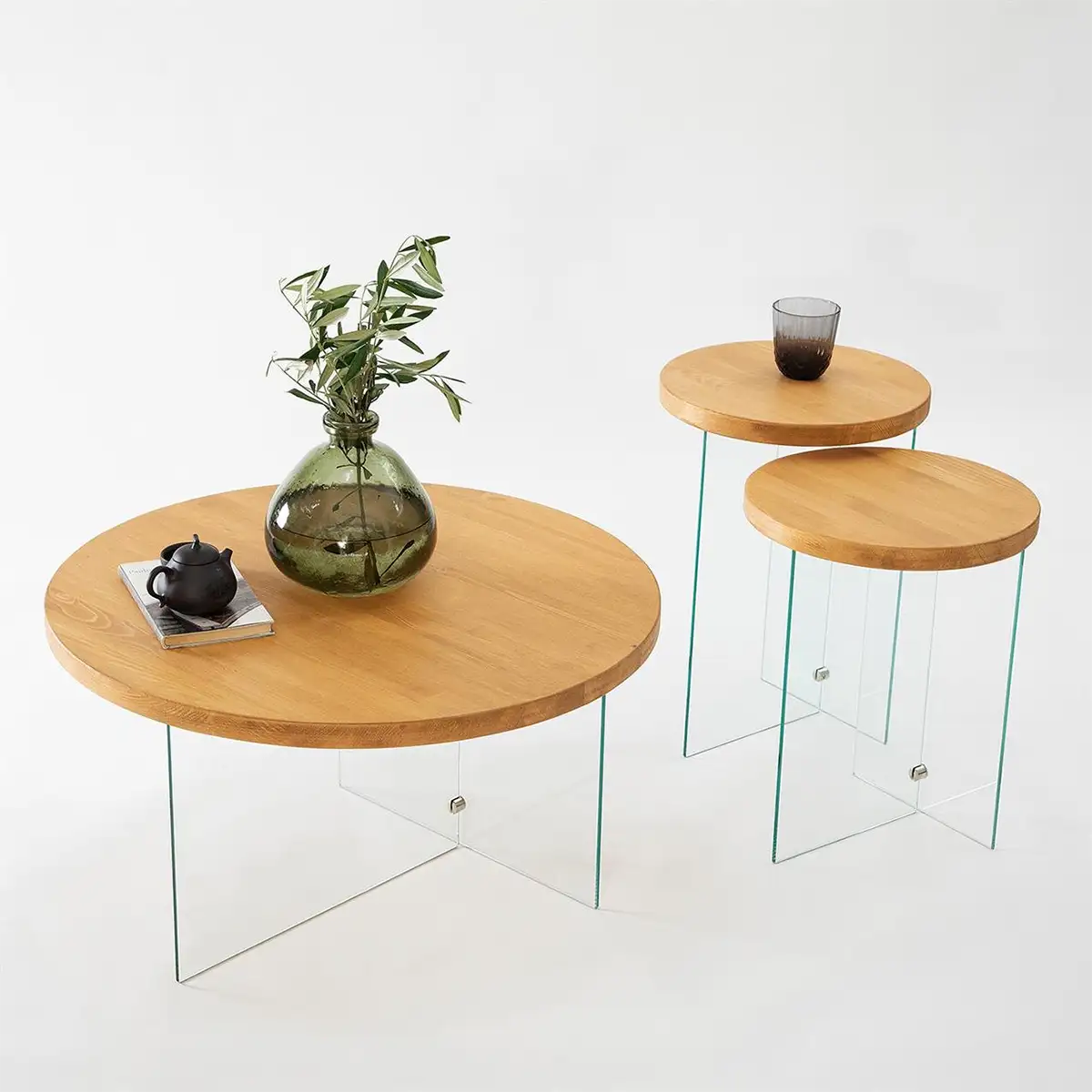 Sally - Natural Solid Wood Coffee Table with Tempered Clear Glass Legs and Tempered Smoked Glass Legs, Accent Table, Round Coffee Table