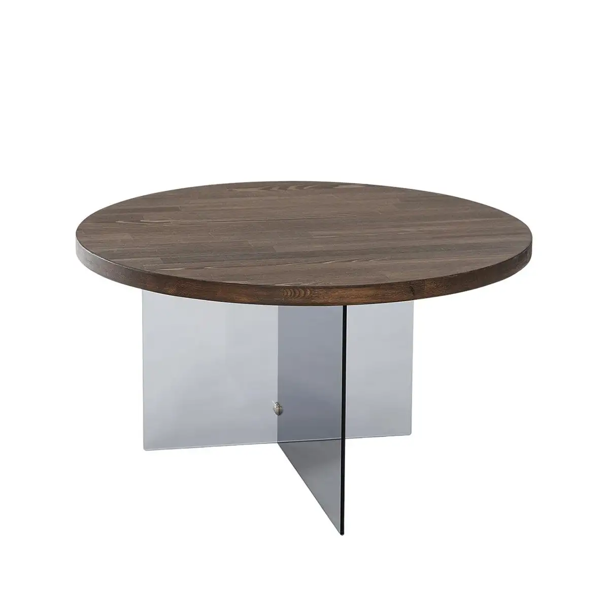 Sally - Walnut Solid Wood Coffee Table with Tempered Clear Glass Legs or Tempered Smoked Glass Legs, Round Coffee Table