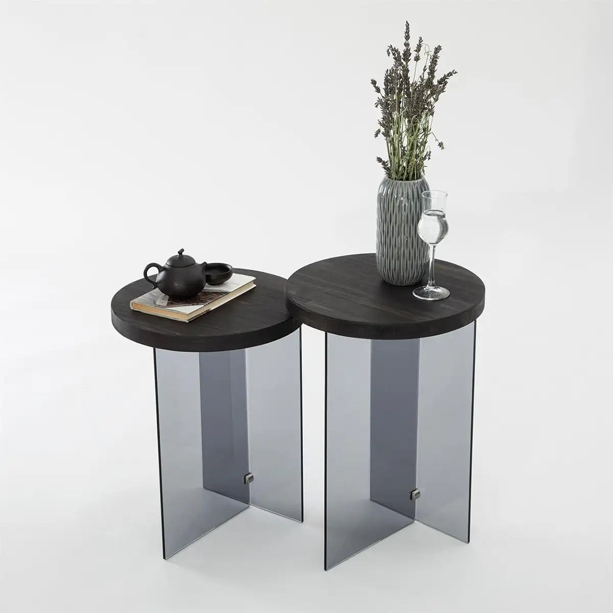 Sally - 2 Anthracite Solid Wood Side Table with Tempered Clear Glass or Tempered Smoked Clear Glass, End Table