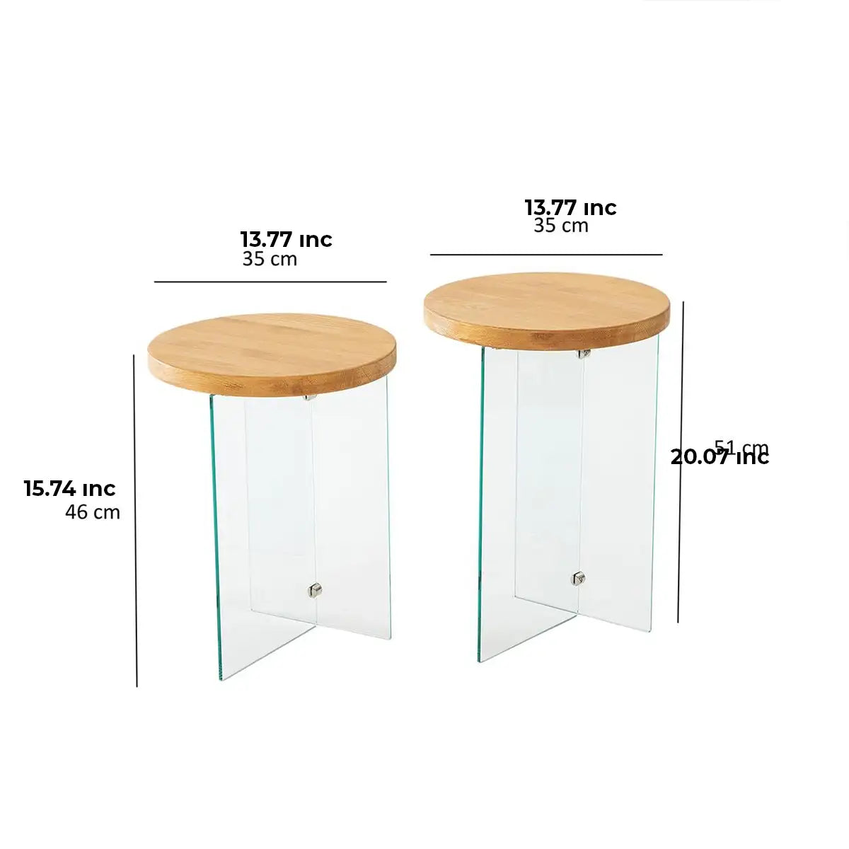 Sally - 2 Natural Solid Wood Side Table with Tempered Clear Glass