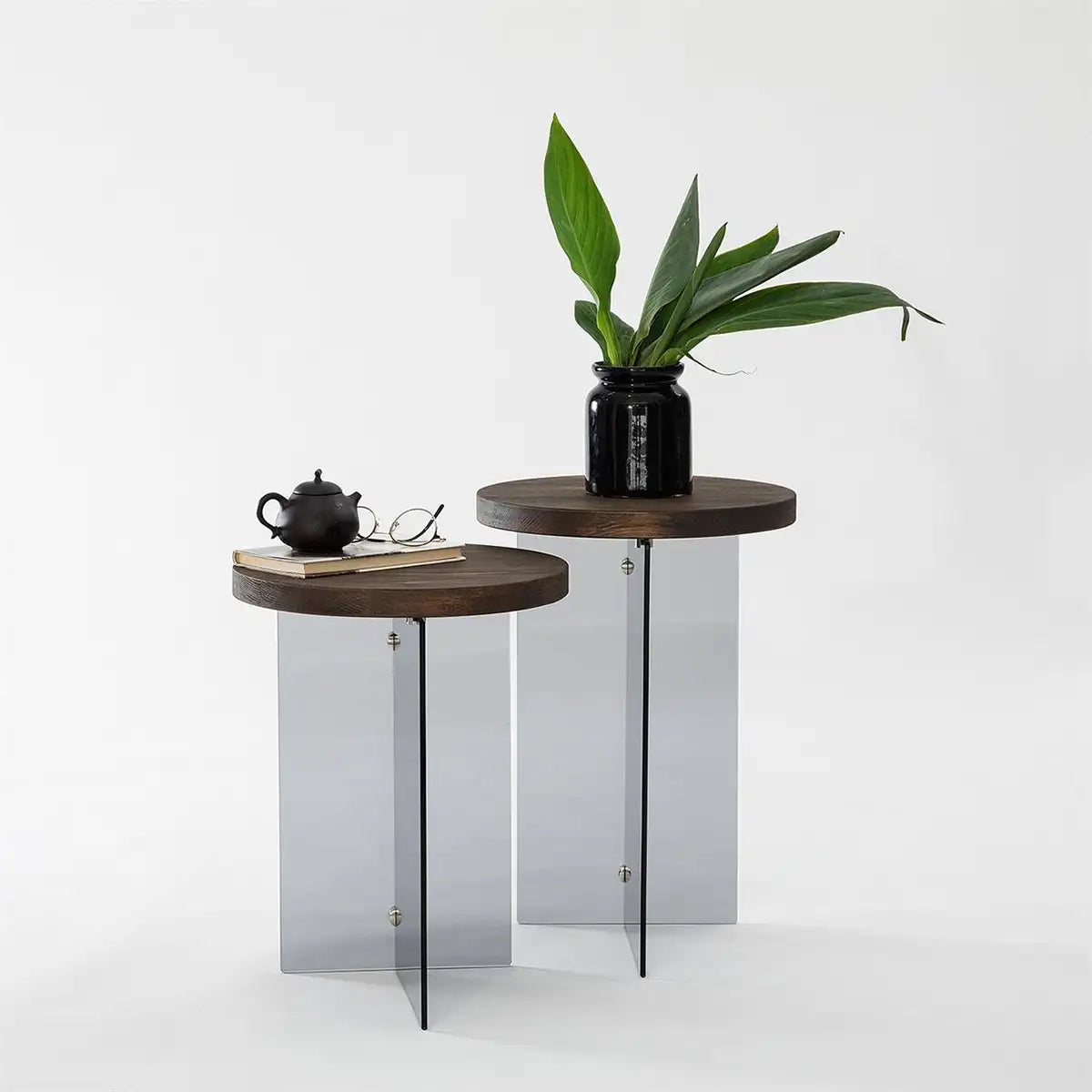 Sally - 2 Walnut Solid Wood Side Table with Tempered Clear Glass Legs or Tempered Smoked Glass Legs