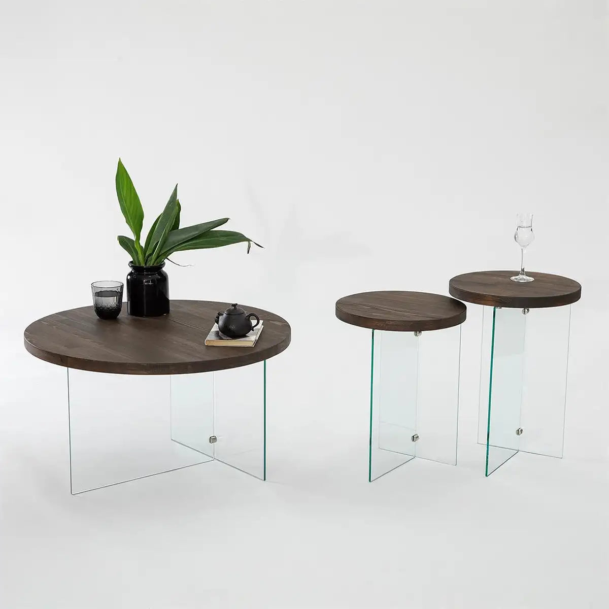 Sally - 2 Walnut Solid Wood Side Table with Tempered Clear Glass Legs or Tempered Smoked Glass Legs