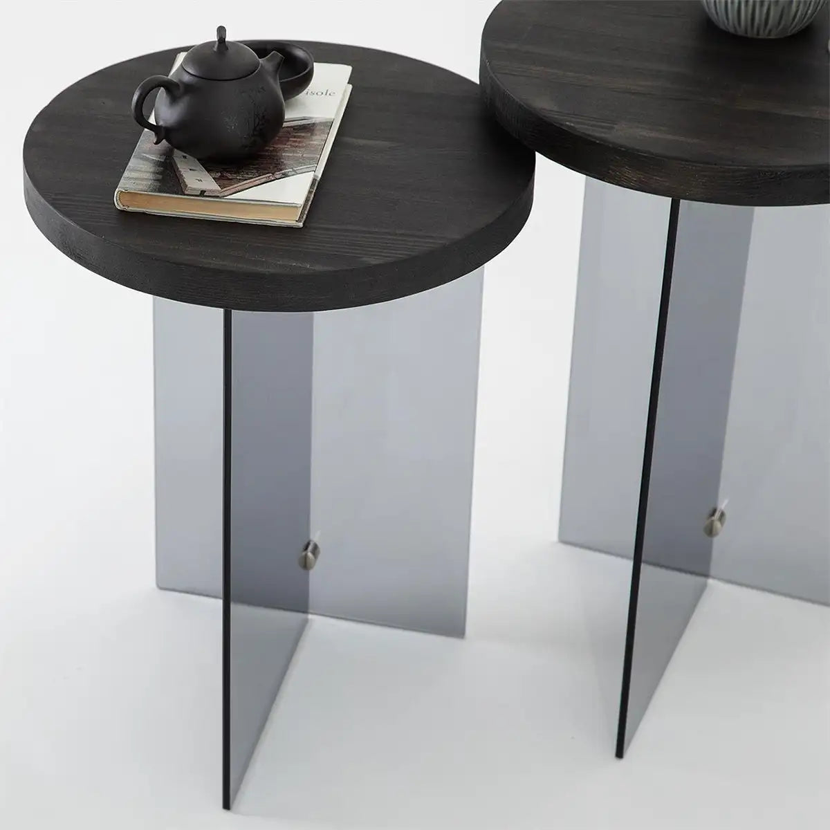 Sally - 2 Anthracite Solid Wood Side Table with Tempered Clear Glass or Tempered Smoked Clear Glass, End Table