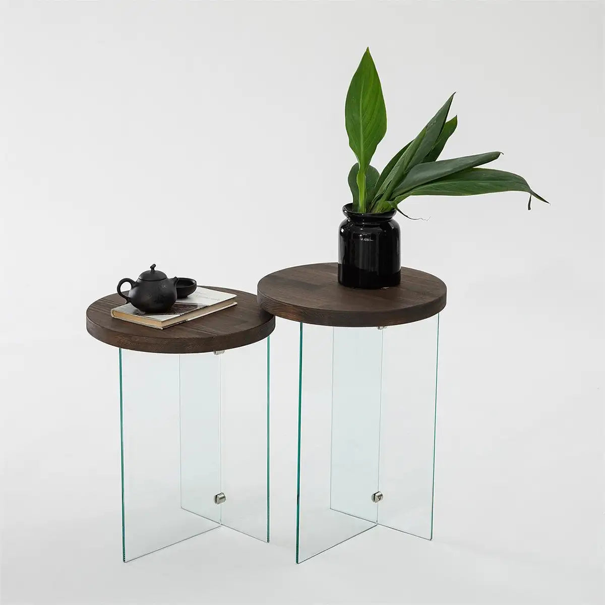 Sally - 2 Walnut Solid Wood Side Table with Tempered Clear Glass Legs or Tempered Smoked Glass Legs