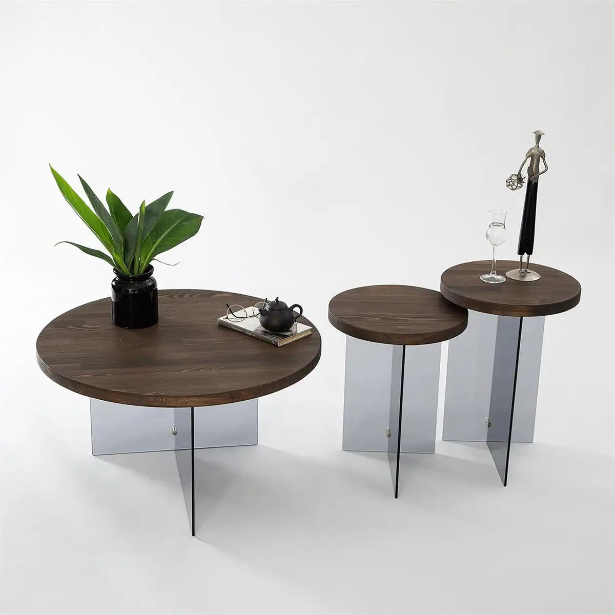 Sally - 2 Walnut Solid Wood Side Table with Tempered Clear Glass Legs or Tempered Smoked Glass Legs