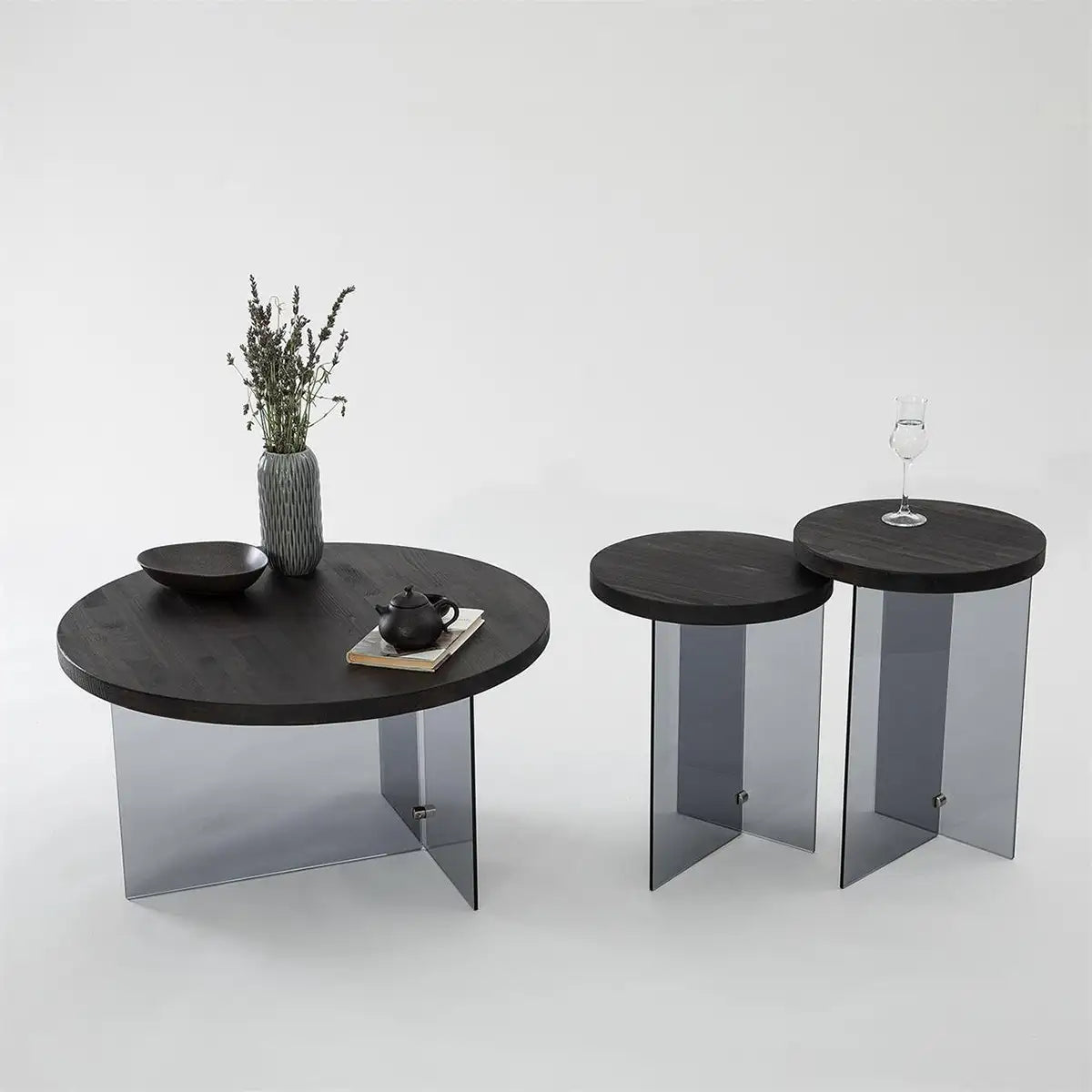 Sally - 2 Anthracite Solid Wood Side Table with Tempered Clear Glass or Tempered Smoked Clear Glass, End Table