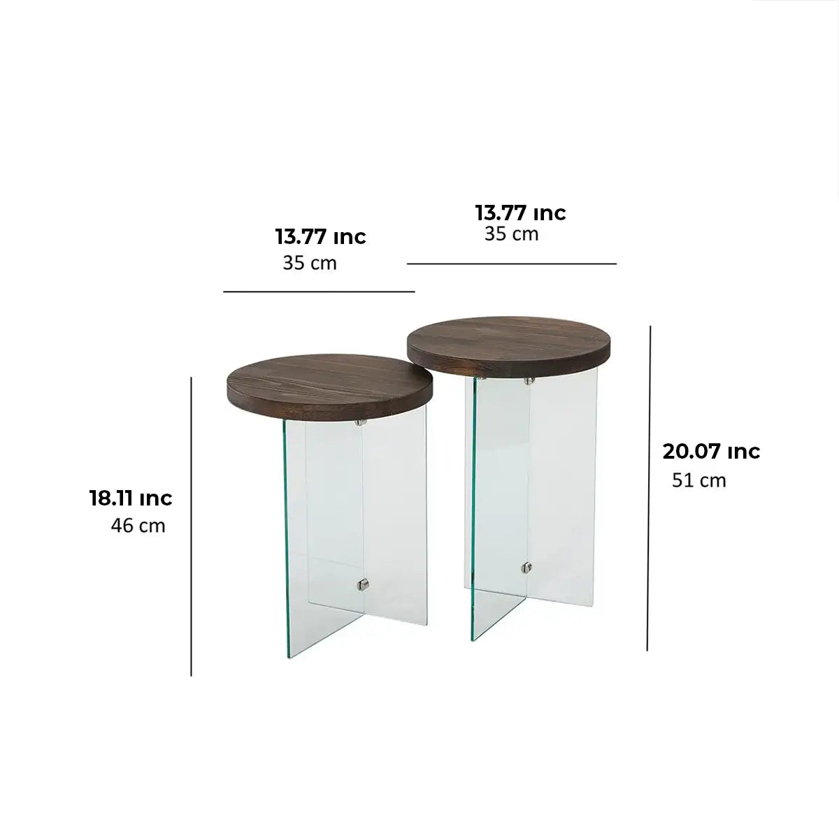 Sally - 2 Walnut Solid Wood Side Table with Tempered Clear Glass Legs or Tempered Smoked Glass Legs