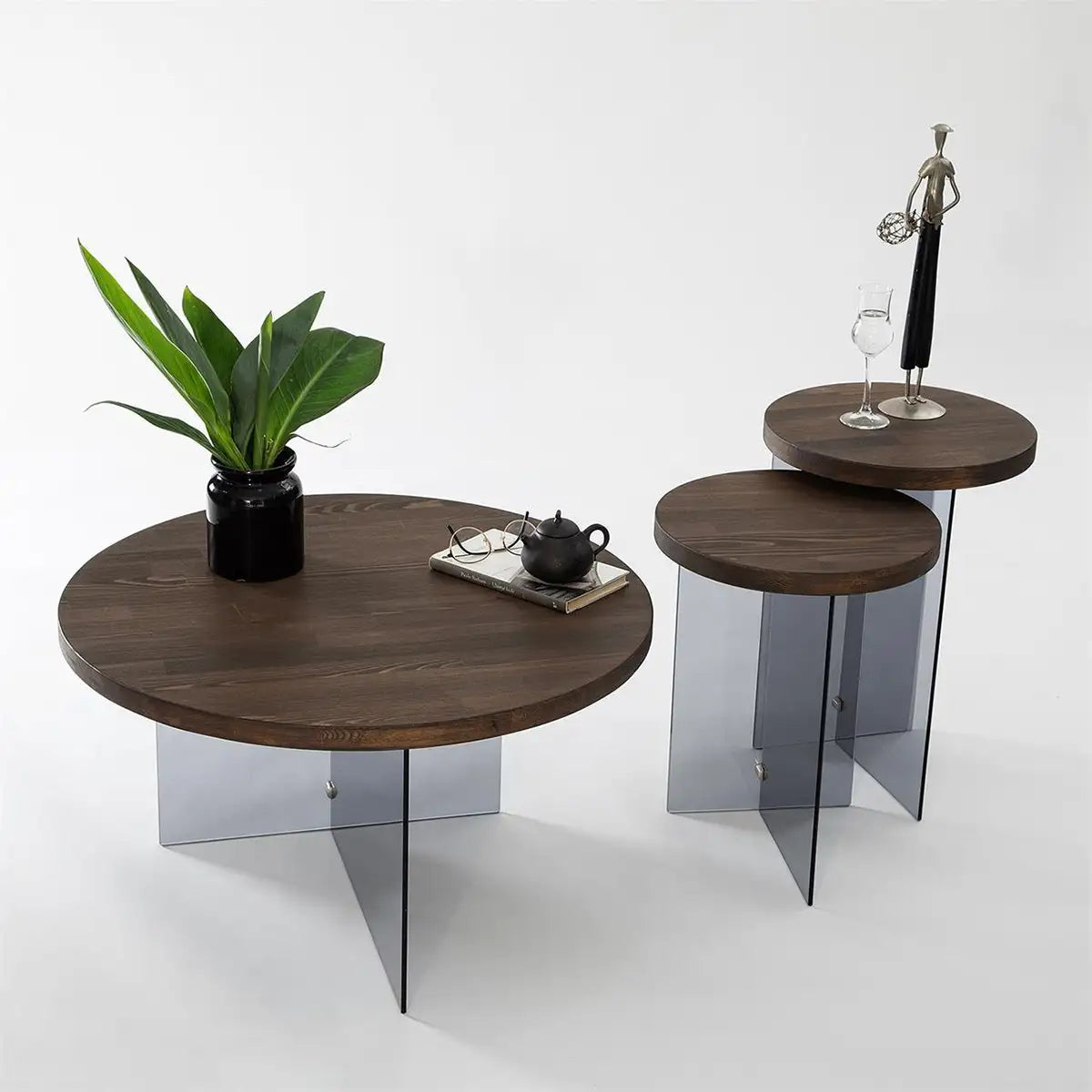 Sally - 2 Walnut Solid Wood Side Table with Tempered Clear Glass Legs or Tempered Smoked Glass Legs