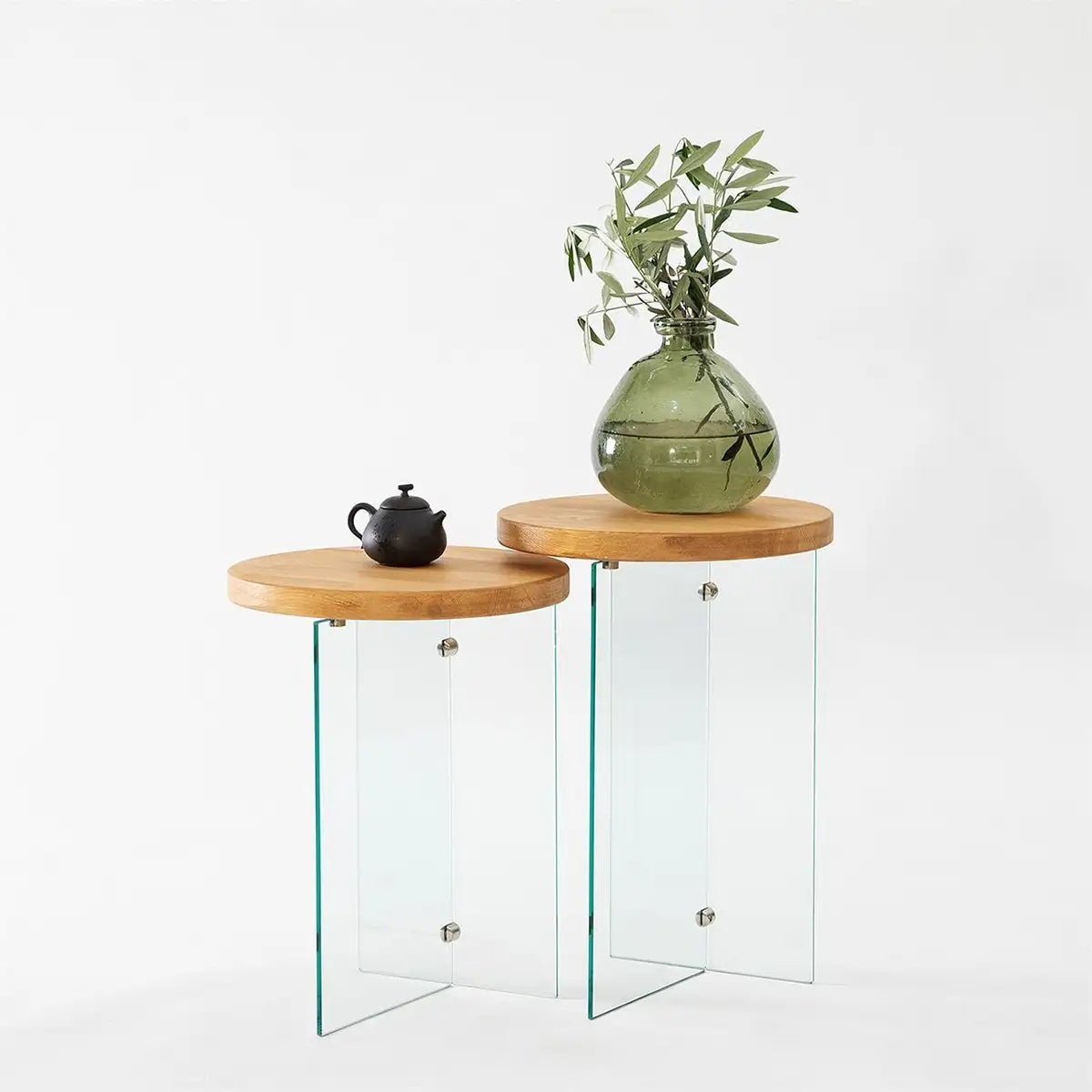 Sally - 2 Natural Solid Wood Side Table with Tempered Clear Glass