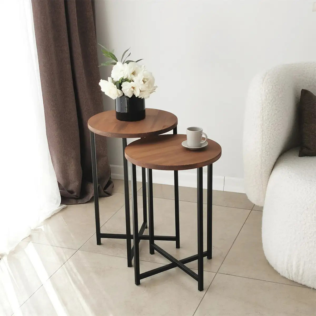 Pisa - 2 Farmhouse Solid Wood Coffee Table with Metal Legs, Industrial End Table, Wood Side Table