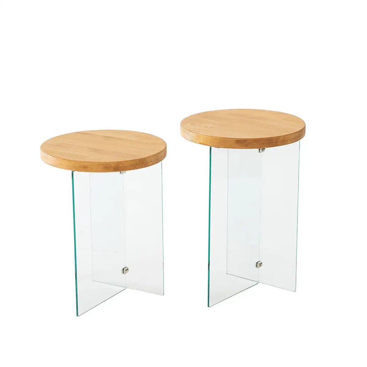 Sally - 2 Natural Solid Wood Side Table with Tempered Clear Glass