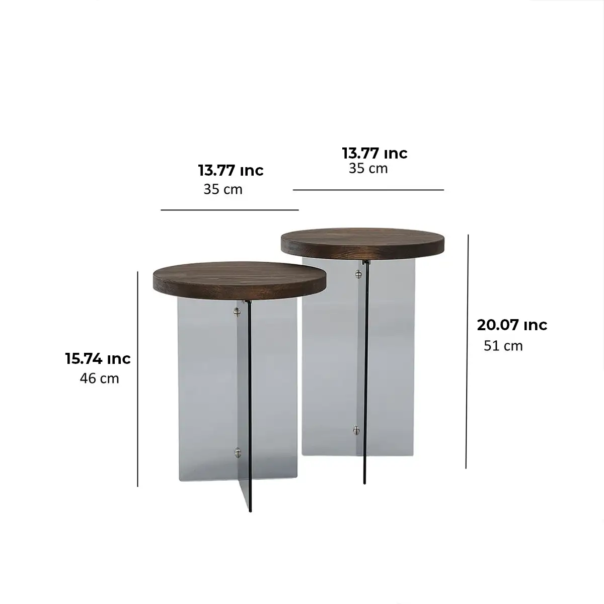 Sally - 2 Walnut Solid Wood Side Table with Tempered Clear Glass Legs or Tempered Smoked Glass Legs