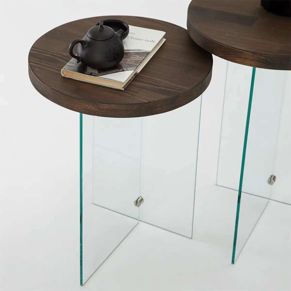 Sally - 2 Walnut Solid Wood Side Table with Tempered Clear Glass Legs or Tempered Smoked Glass Legs