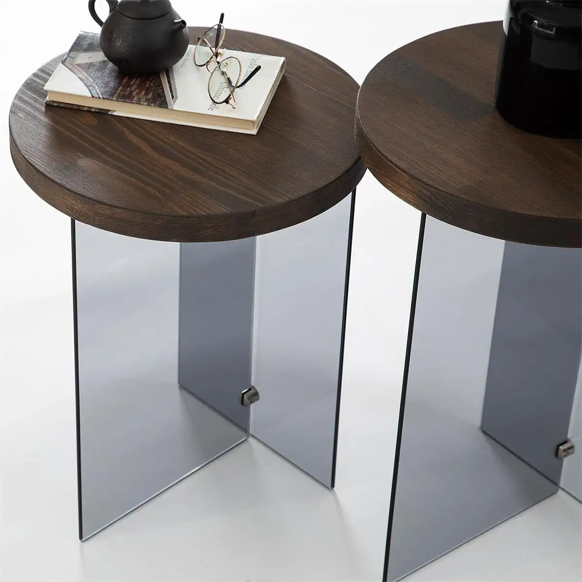 Sally - 2 Walnut Solid Wood Side Table with Tempered Clear Glass Legs or Tempered Smoked Glass Legs