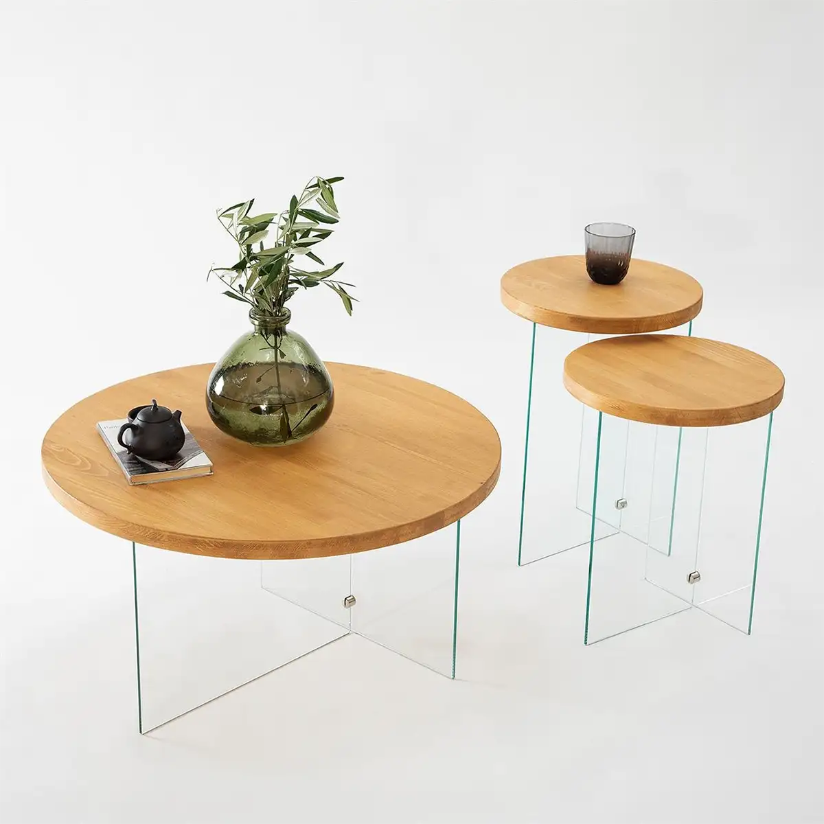 Sally - 2 Natural Solid Wood Side Table with Tempered Clear Glass