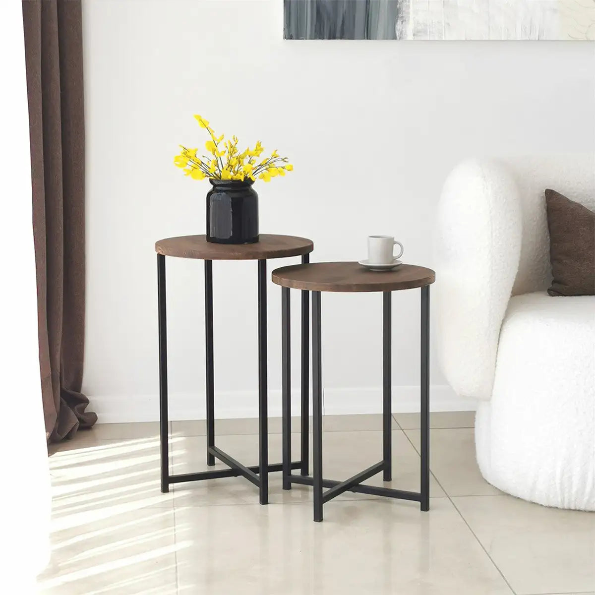 Pisa - 2 Farmhouse Solid Wood Coffee Table with Metal Legs, Industrial End Table, Wood Side Table