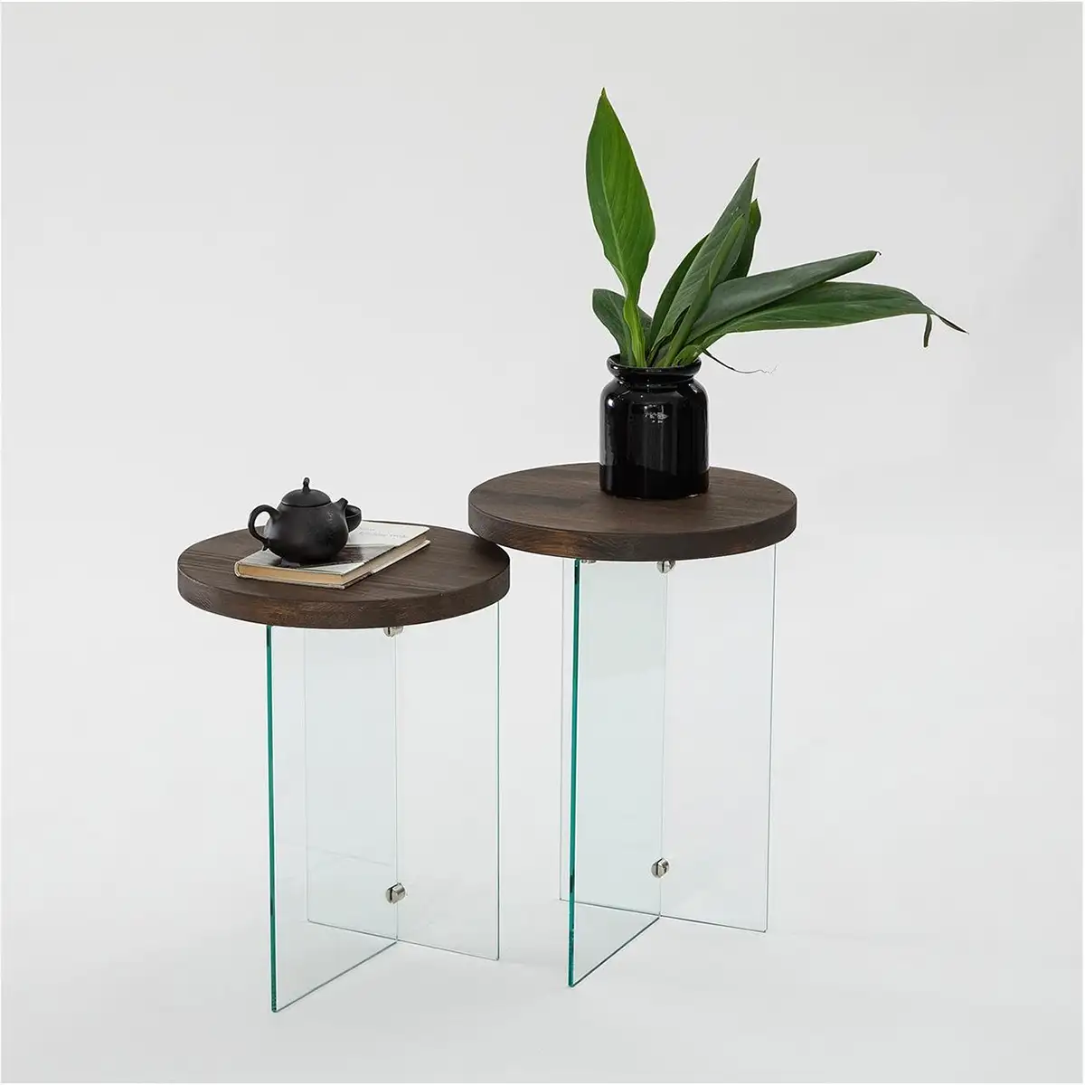 Sally - 2 Walnut Solid Wood Side Table with Tempered Clear Glass Legs or Tempered Smoked Glass Legs