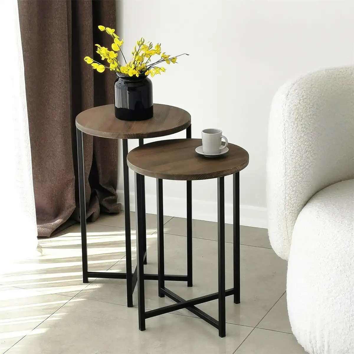 Pisa - 2 Farmhouse Solid Wood Coffee Table with Metal Legs, Industrial End Table, Wood Side Table