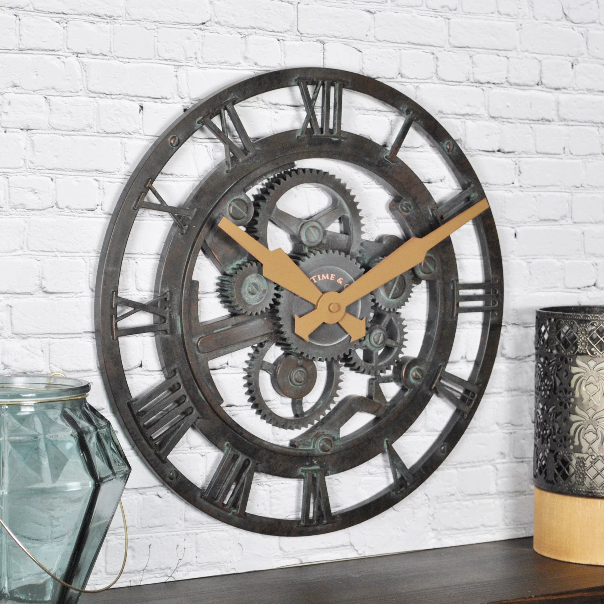 Verdigris Oxidized Gears Wall Clock, Industrial, Analog, 15 x 2 x 15 in